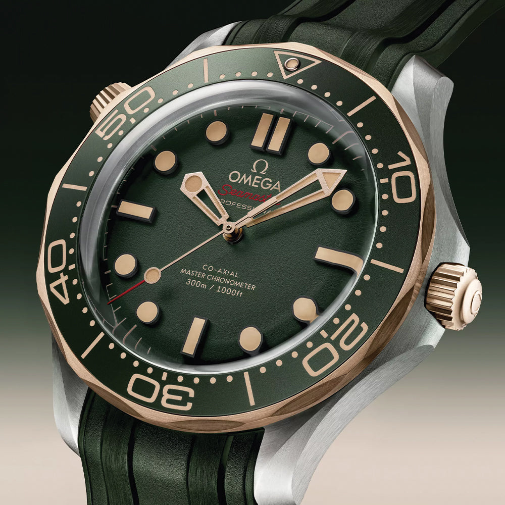 Seamaster Diver 300M Co-Axial Master Chronometer Men's Watch - 42mm Titanium & Bronze Gold Case, Green Dial, Rubber Strap - Luxury Dive Watch for Water Sports & Professional Diving