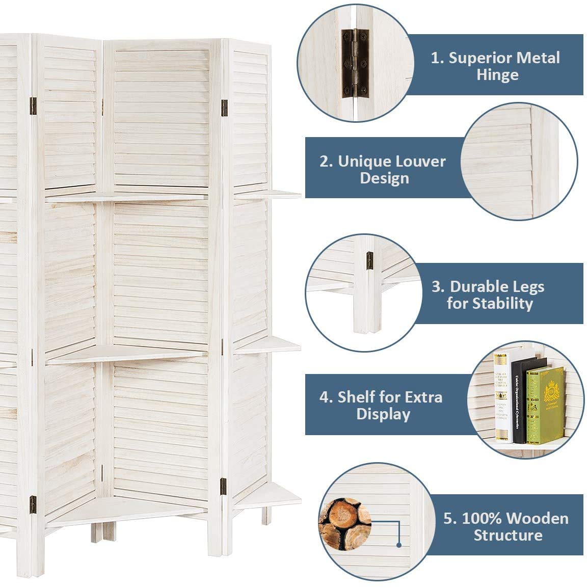 Happygrill 4 Panel Folding Room Divider with Display Shelf - 5.6 Ft Tall Privacy Screen for Home Office, Bedroom Separation & Space Partition - Perfect for Creating Private Workspaces, Room Dividers for Apartments, and Decorative Room Separators