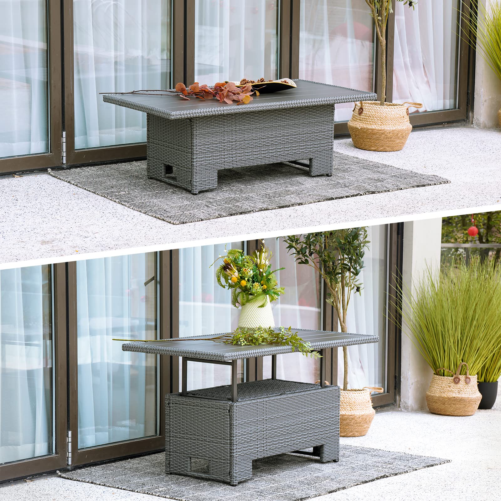 **Outdoor Coffee Table with Adjustable Lift Top & Storage Shelf - Patio, Garden, Picnic - Weather-Resistant Wicker Furniture for Relaxing & Entertaining**