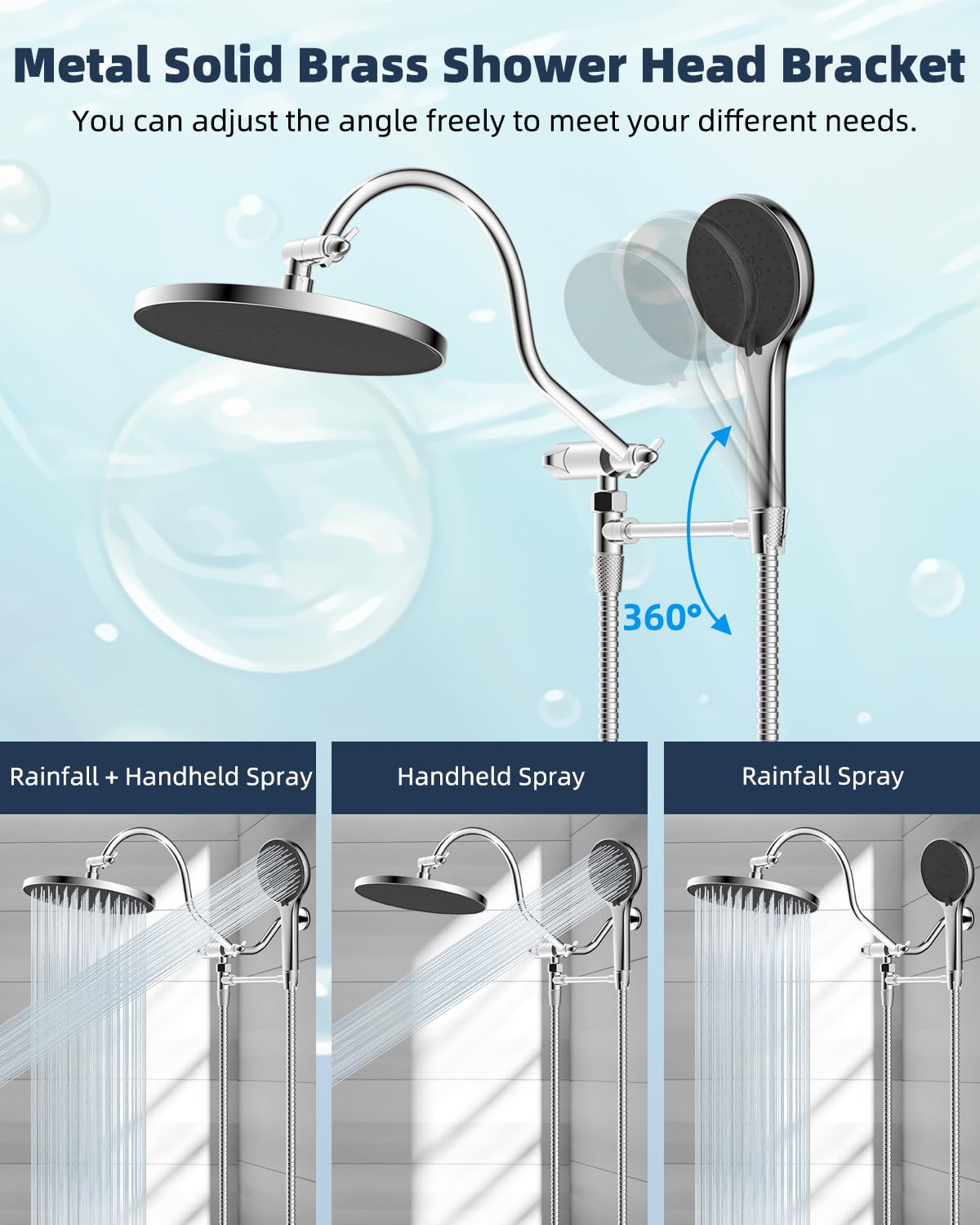 Hibbent 10'' Self-Cleaning High Pressure Rainfall Shower Head Combo with Handheld Showerhead, 12'' Adjustable Curved Extension Arm & 71'' Hose - 2 Shower Head Holders, Chrome Finish for Spa-Like Bathroom Experience