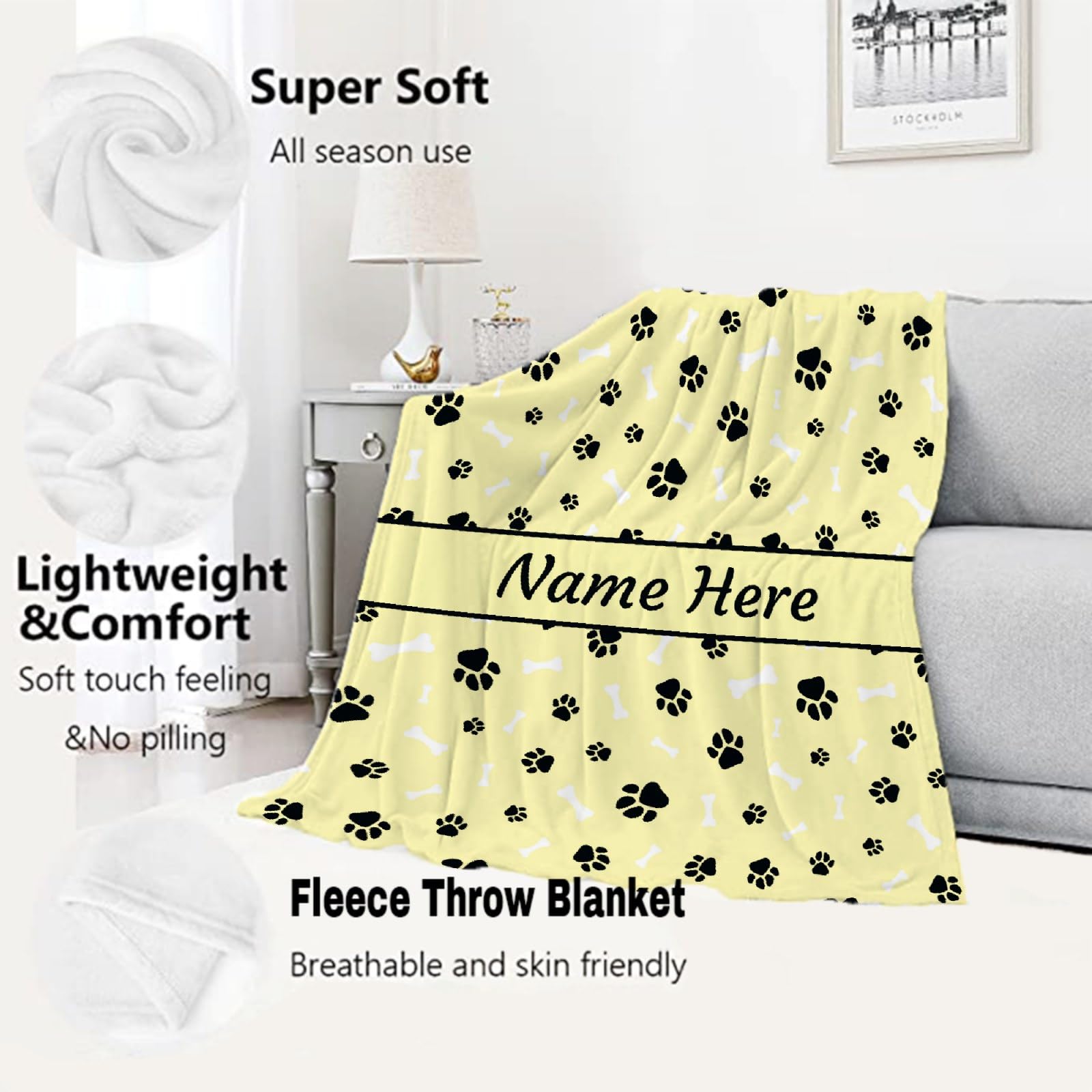 **Personalized Dog Blanket - Custom Name Fleece Throw Blanket for Pets - Soft Cozy Gift for Dog Lovers, Mom & Dad - Cute Paws & Bones Design - Perfect for Bed, Sofa, Couch & Travel**    *(Example Use: Keep your furry friend warm at home, in the car, or while camping with this adorable personalized pet blanket!)*