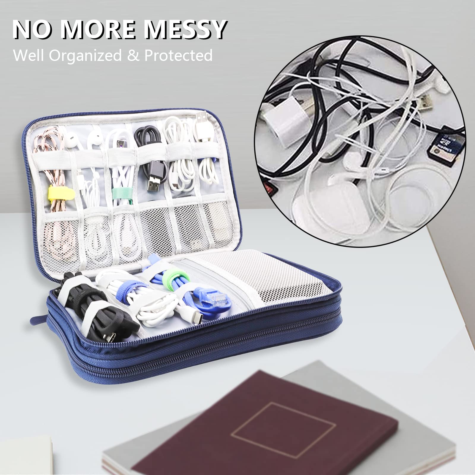 Teskyer Waterproof Cable Organizer Bag - Portable Travel Storage for Cables, Chargers, Earphones - Navy Blue (9.6x6.9