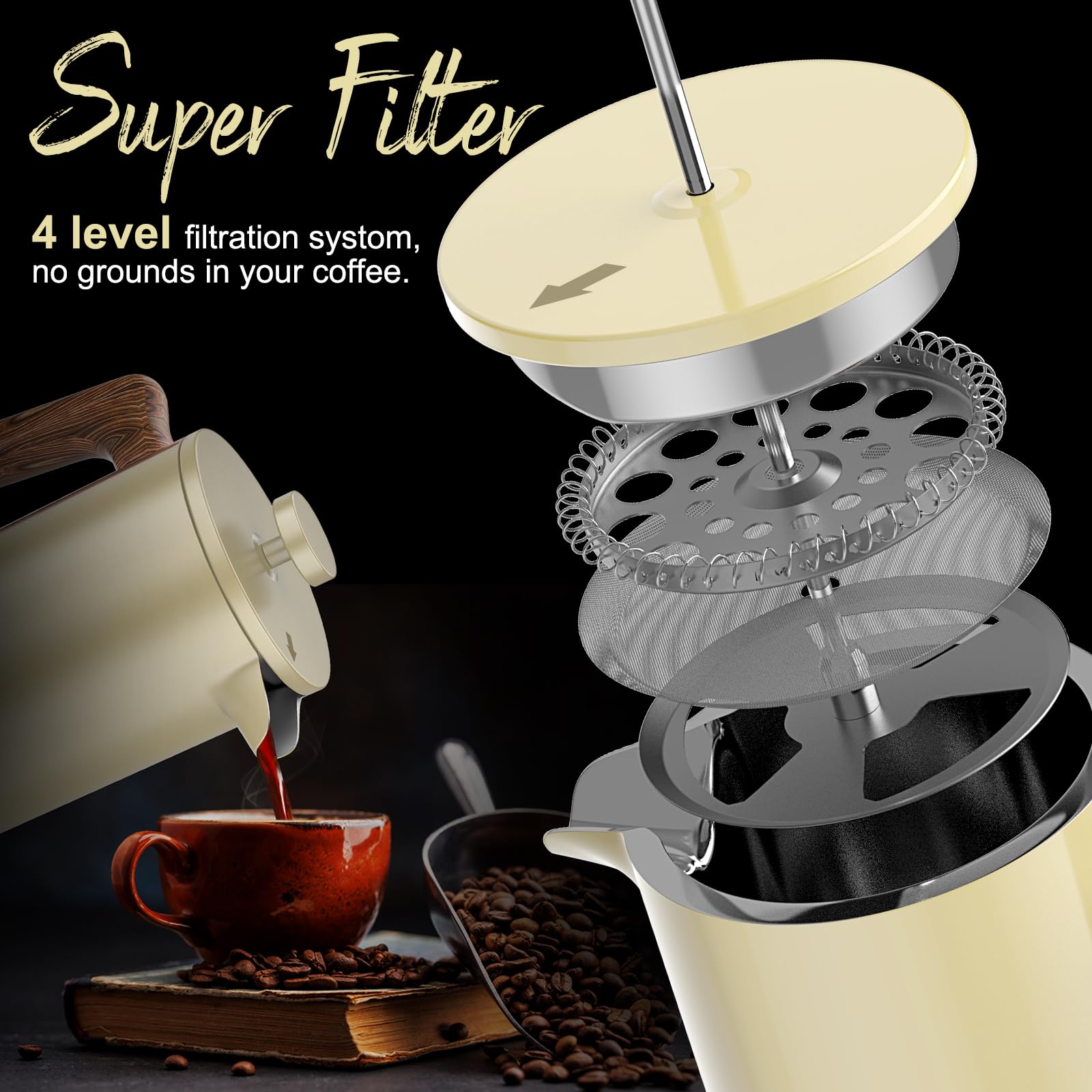 IKAPE 34 OZ French Press Coffee Maker - 304 Stainless Steel Espresso & Tea Brewer with 4-Level Filtration System (Yellow) | Perfect for Home, Office & Camping Use