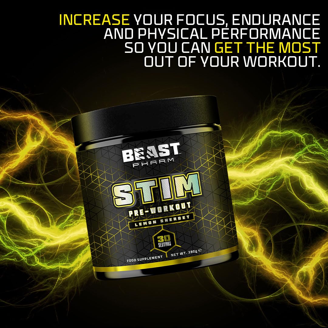 Beast Pharm STIM Pre Workout Powder 390g - Lemon Sherbet Flavor | Energy & Focus Booster for Gym, Fitness & Bodybuilding | Caffeine & Nitric Oxide Formula for Enhanced Performance