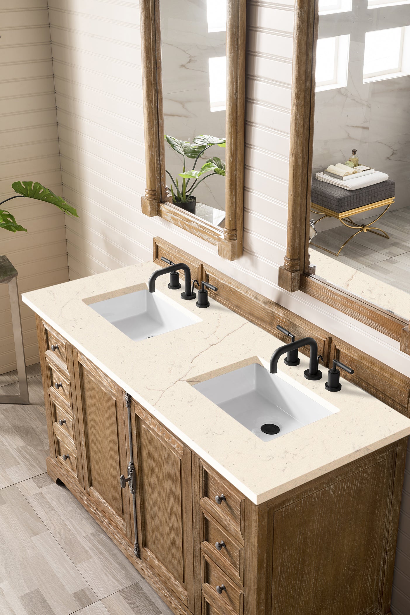 Providence 60 Inch Double Vanity Cabinet in Driftwood Finish with 3CM Eternal Marfil Quartz Top - Perfect for Modern Bathroom Renovations & Master Suite Upgrades