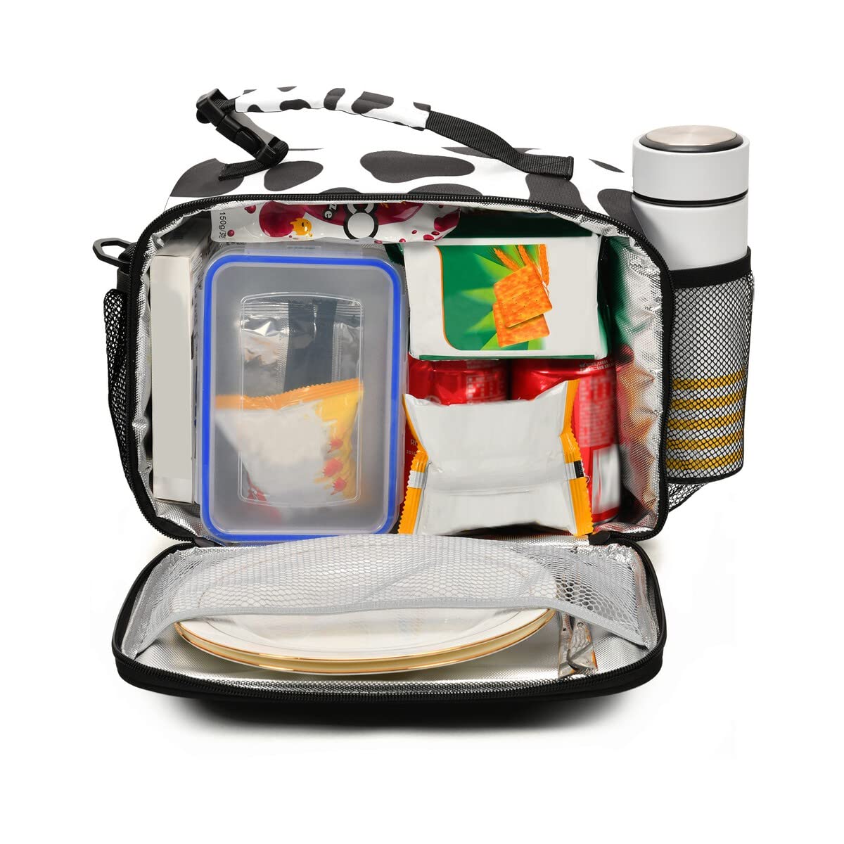 Exnundod Cow Print Reusable Insulated Lunch Bag - Black and White Animal Pattern Lunch Box with Adjustable Strap, Leakproof & Eco-Friendly for Office, School, Picnic, Beach, Camping & Outdoor Activities