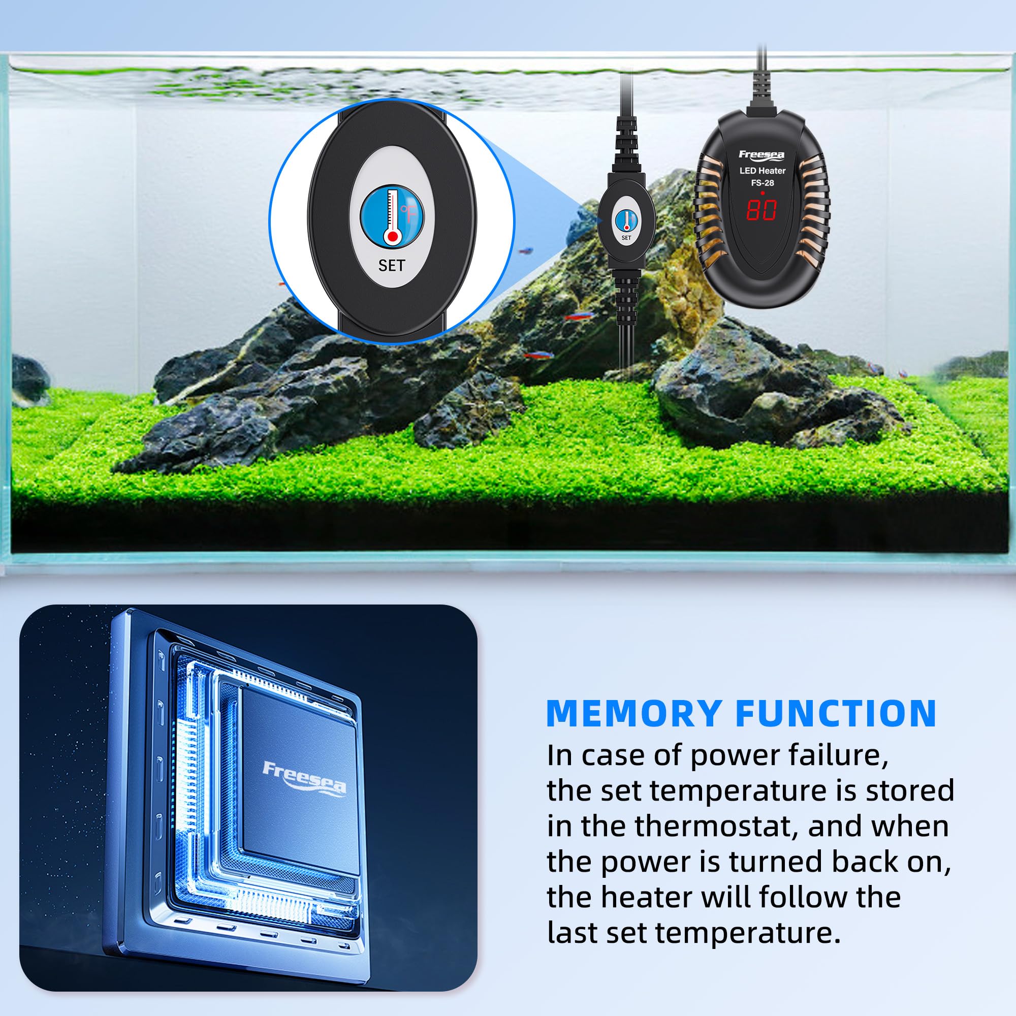 FREESEA 75W Aquarium Heater - Adjustable Submersible Fish Tank Heater for Betta, Turtle, Saltwater & Freshwater (5-15 Gallon) | External Temperature Controller | Perfect for Home & Office Aquariums