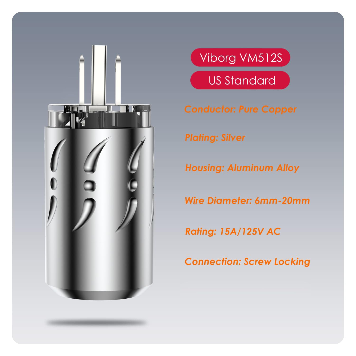 Premium Viborg VM512S+VF512S Silver-Plated Pure Copper Non-Magnetic HiFi Power Plug & IEC C15 Connector - Audiophile-Grade US Power Plug for DIY Power Cables - Perfect for High-End Audio Systems, Home Theater, and Professional Recording Studios