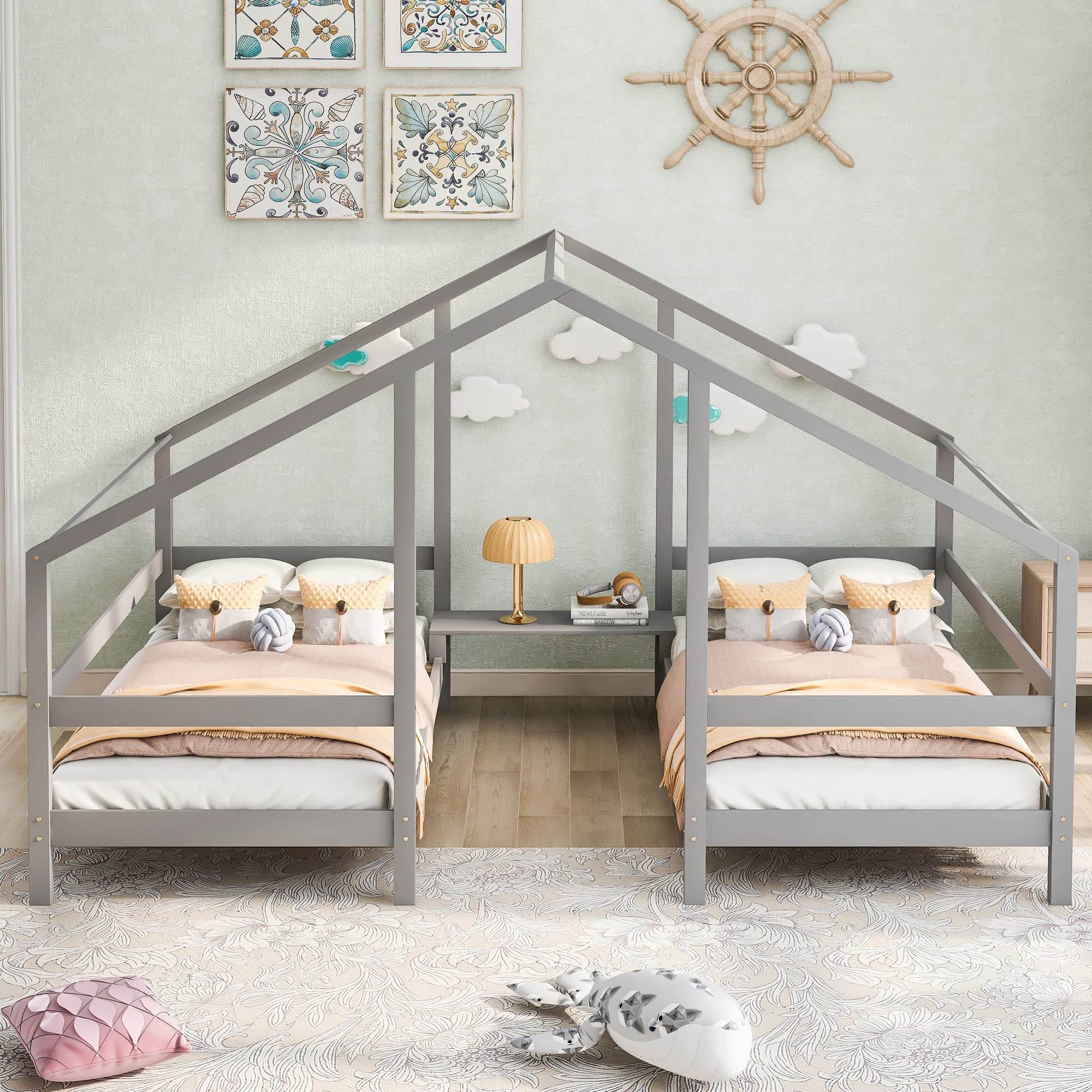 MOEO Double Twin Size Triangular House Beds with Built-in Table - Sturdy Wooden Bed Frame for Kids, Teens & Adults - No Box Spring Needed - Modern Gray Bedroom Furniture for Small Spaces & Loft Areas