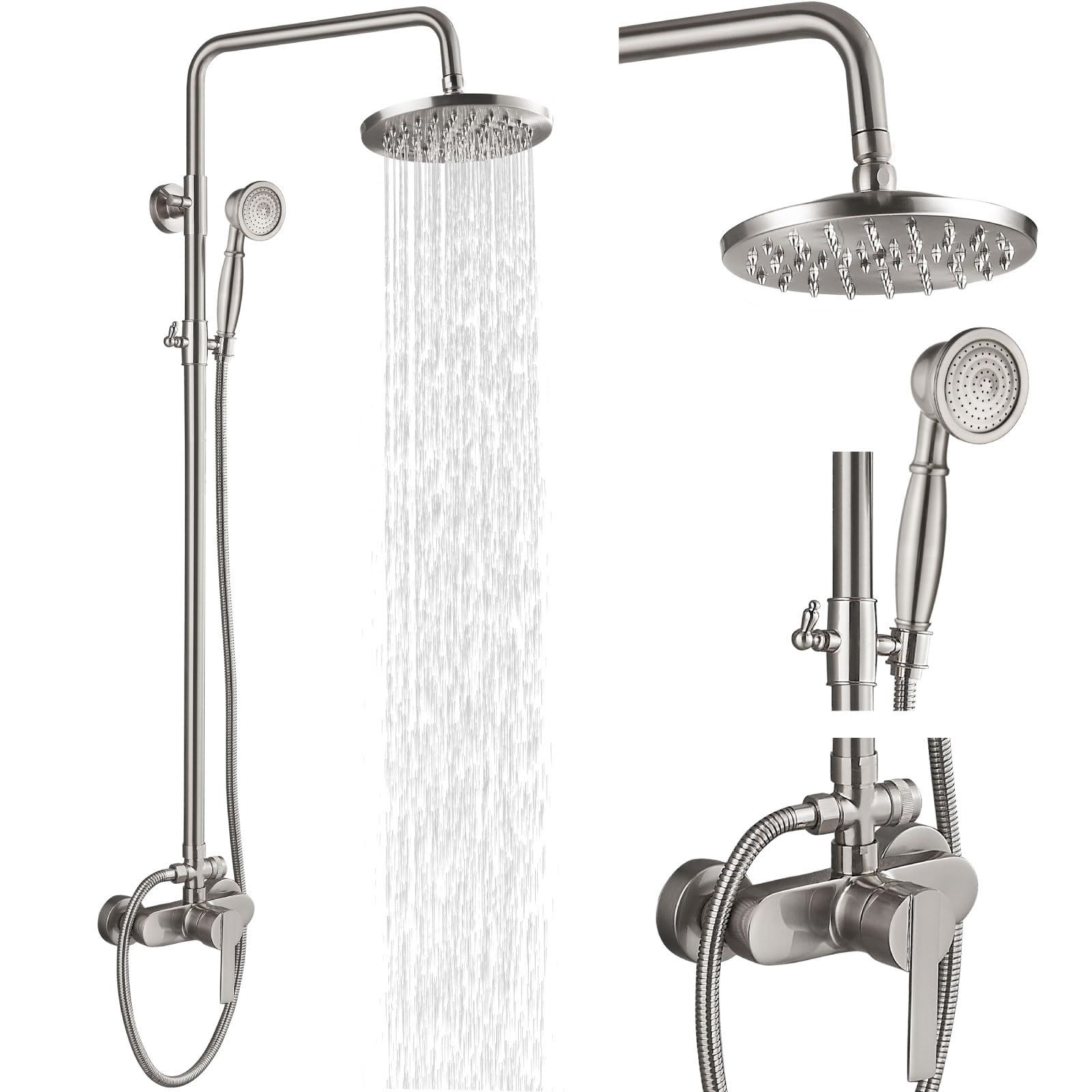 Airuida 8 Inch Brushed Nickel Rain Shower Head with Exposed Pipe System - Modern Adjustable Single Handle Shower Faucet Combo with Dual Functions - Perfect for Bathroom Renovation & Spa-Like Shower Experience