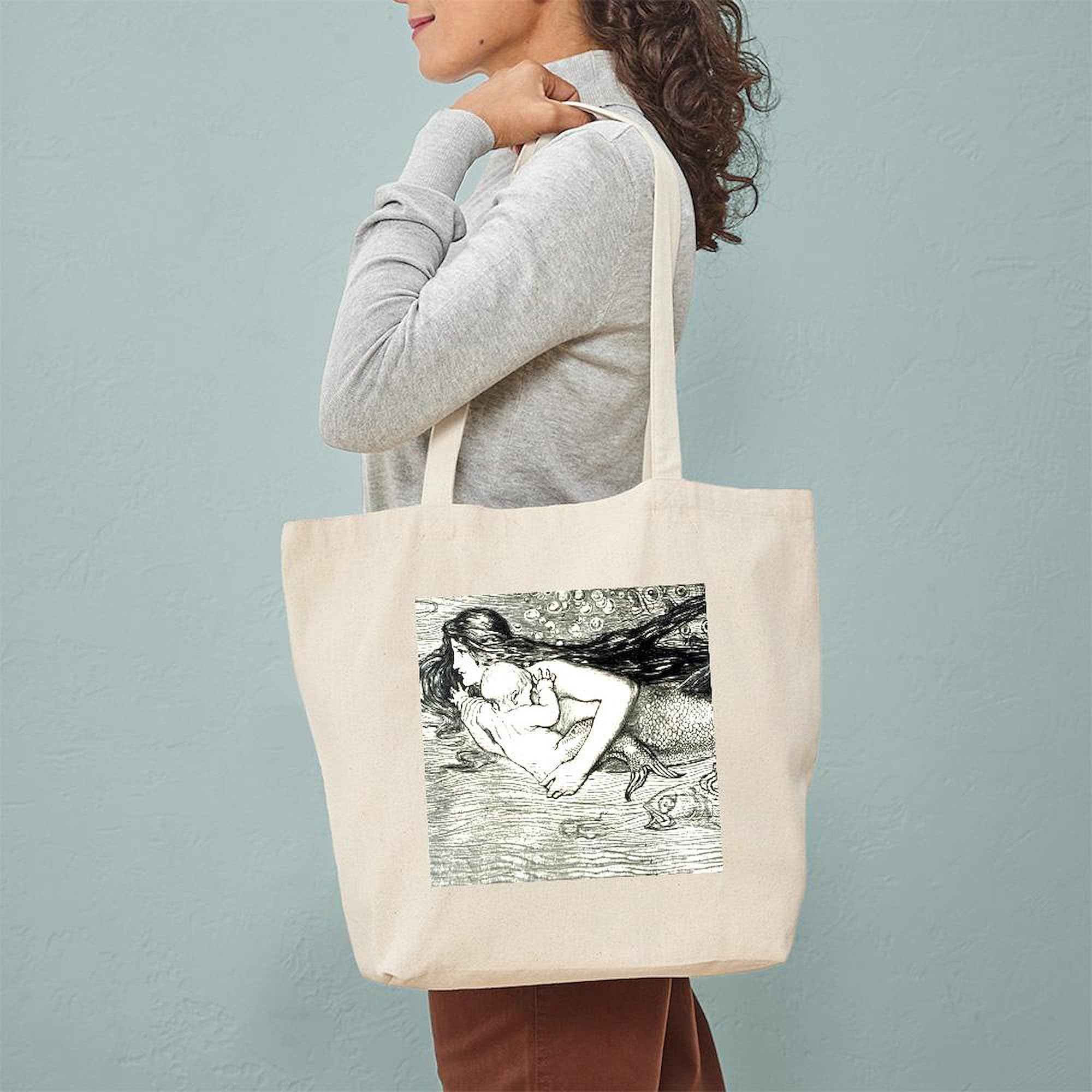 Amelia Bauerle Mermaid Tote Bag - Natural Canvas Reusable Shopping Bag for Beach, Grocery & Daily Use | Eco-Friendly Cotton Tote with Unique Mermaid Design