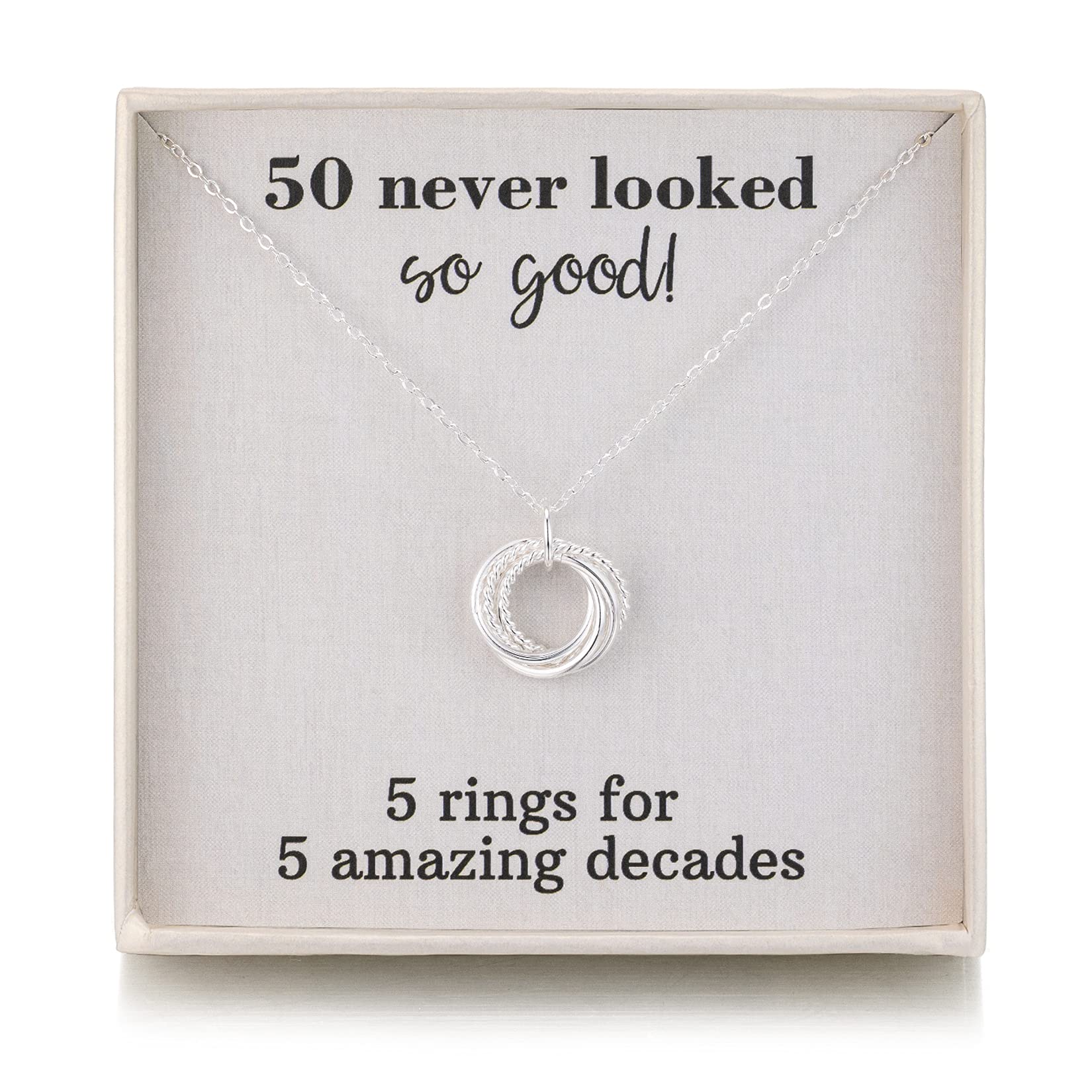 RareLove 50th Birthday Gifts for Women - 925 Sterling Silver 5 Rings Necklace for 50th Birthday, Anniversary & Special Occasions | Elegant Jewelry Gift for Wife, Mom & Loved Ones | Perfect for Celebrating Five Decades of Life
