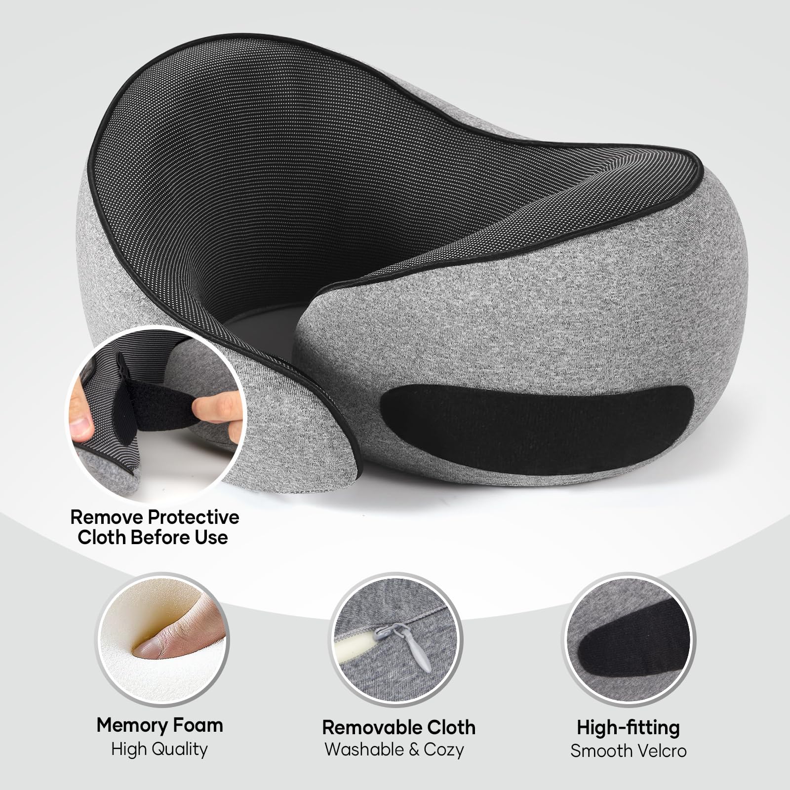 NOCRLG Memory Foam Travel Neck Pillow for Airplanes & Cars - 360° Head Support, Breathable Grey Travel Pillow for Long Flights - Perfect for Business Travel, Road Trips and Overnight Flights