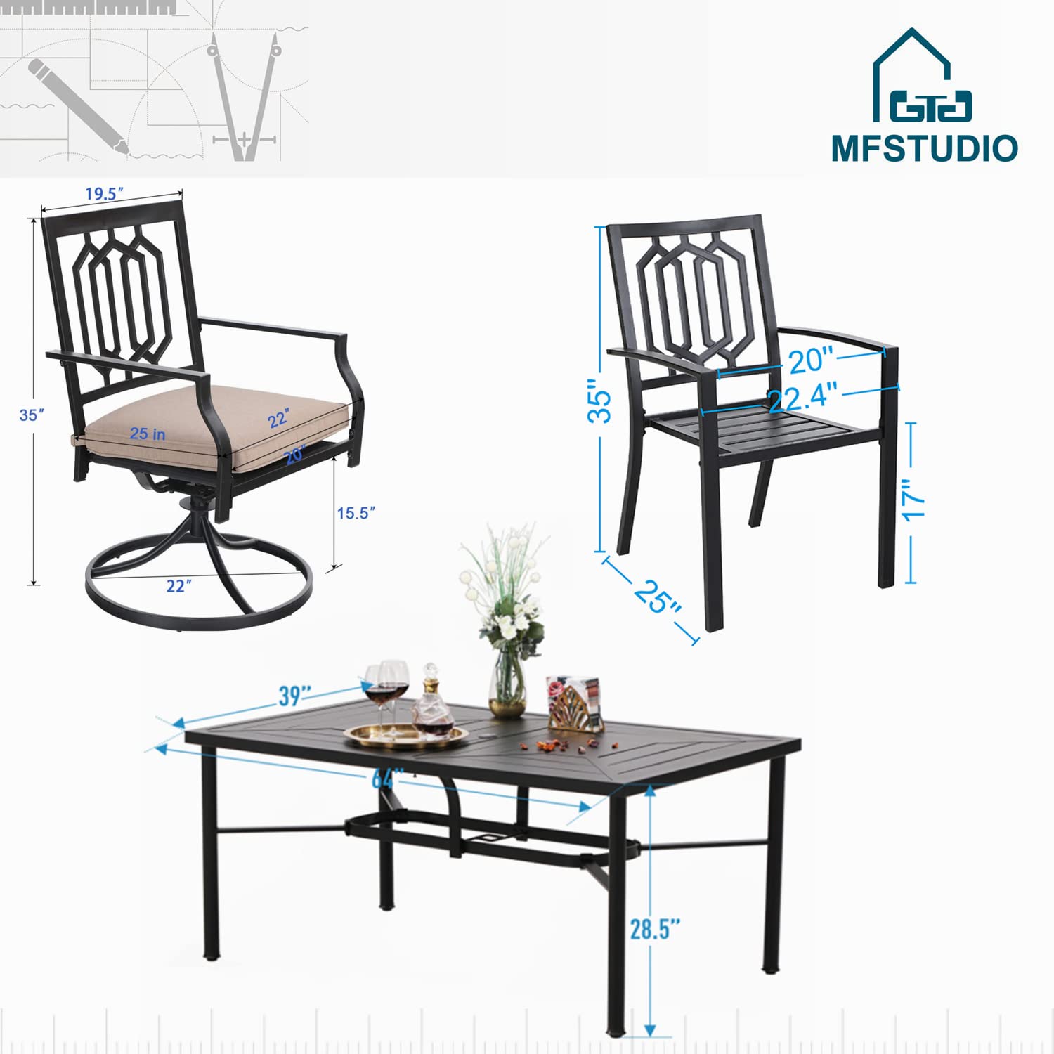 MFSTUDIO 7-Piece Black Metal Outdoor Patio Dining Set with 64