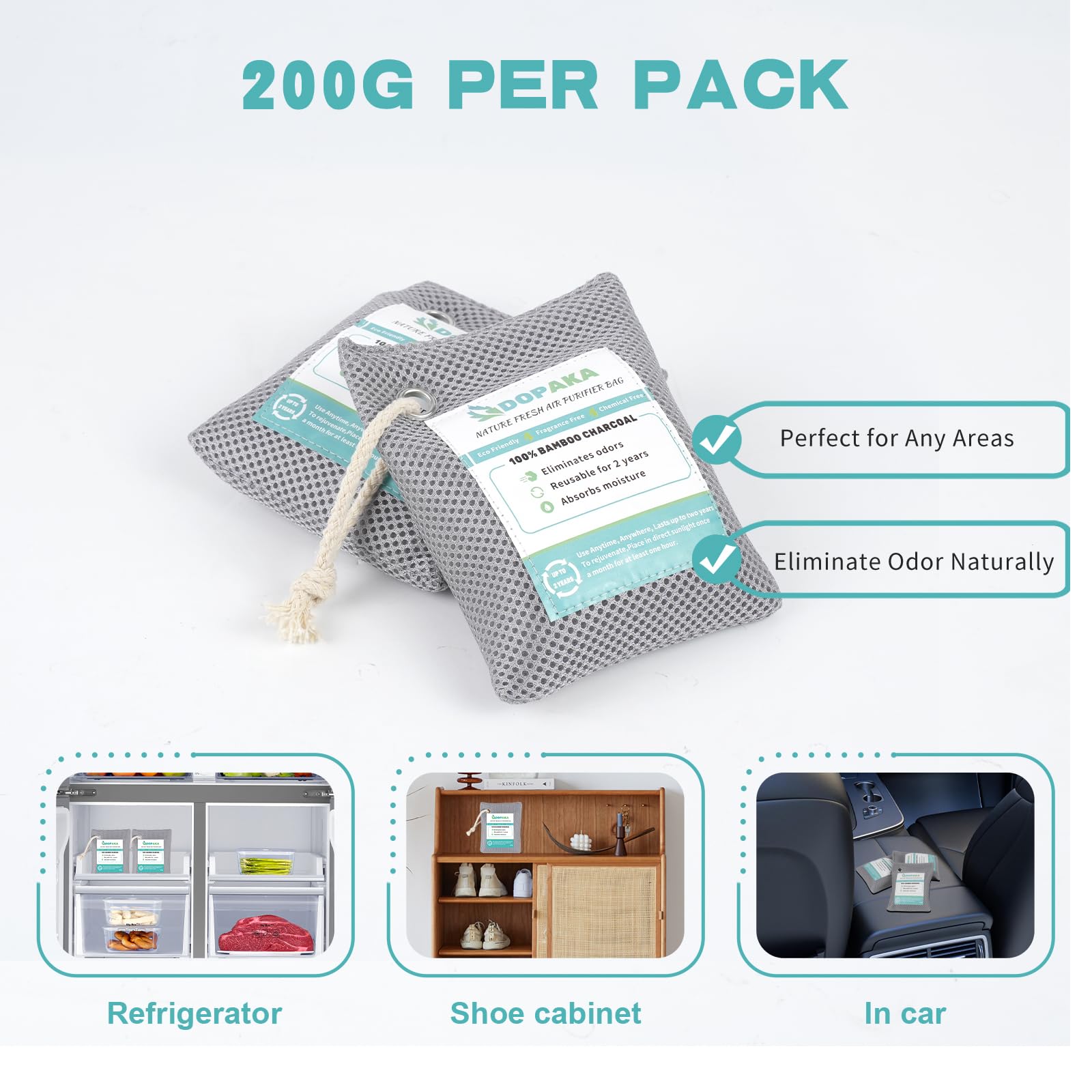 6 Pack Activated Charcoal Odor Absorber Bags - Natural Bamboo Charcoal Air Purifier for Home, Closet, Shoes & Car | Eliminates Odors, Moisture & Freshens Air | Ideal for Pet Areas, Gym Bags & Musty Spaces