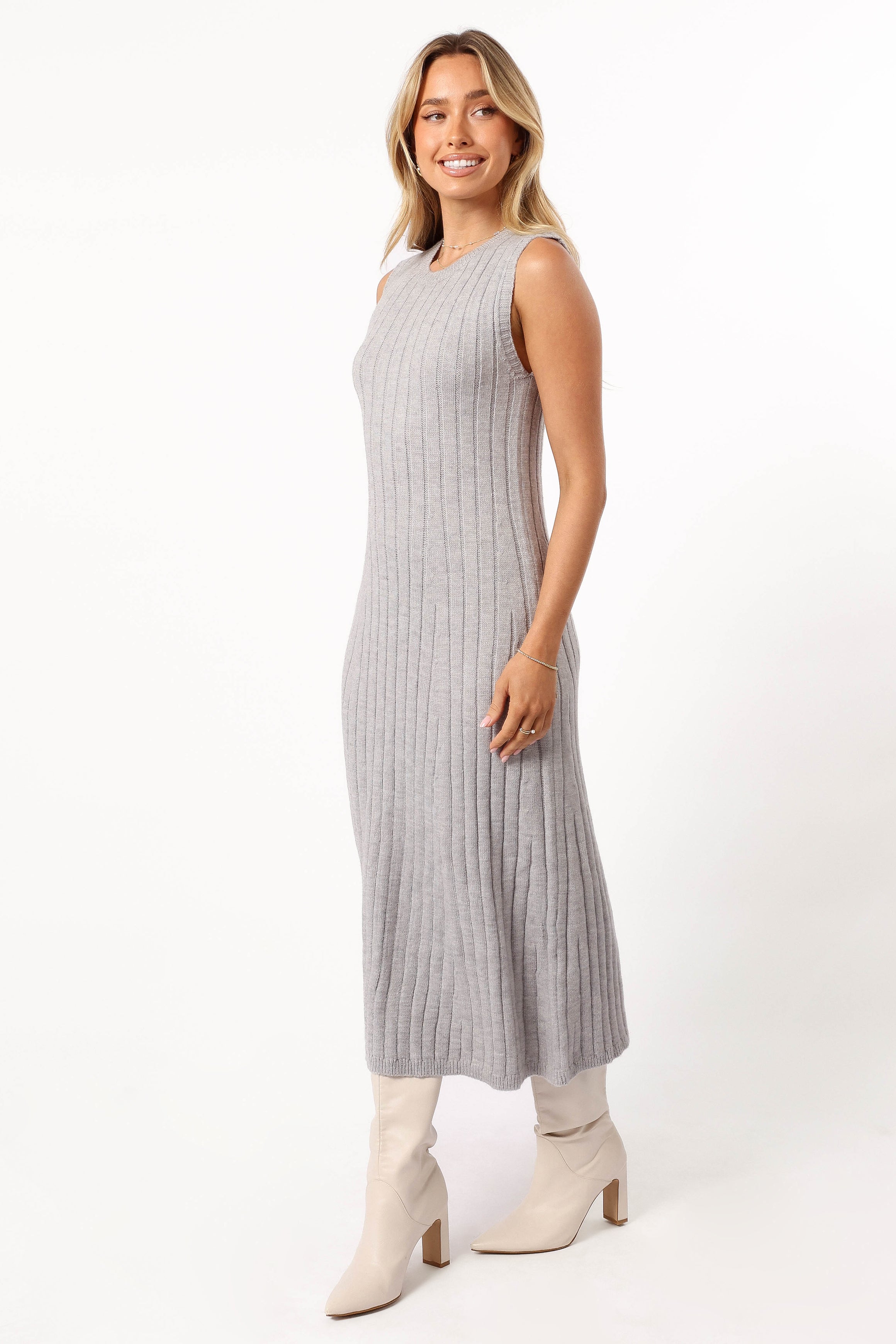 Kellie Knit Midi Dress for Women - Soft Stretch Grey Casual Dress for Fall & Winter | Perfect for Office, Date Night & Holiday Parties
