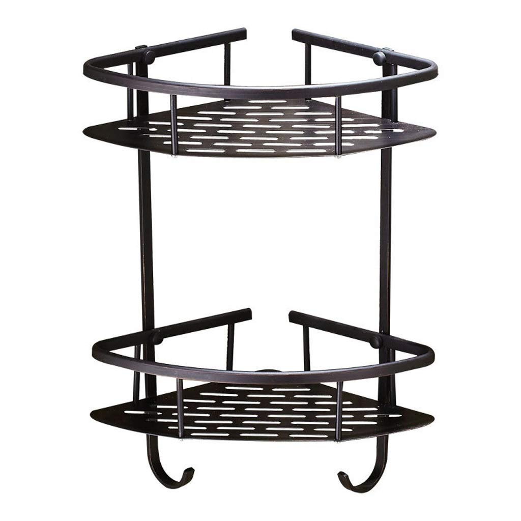 SH-CHEN 2-Tier Corner Bathroom Shelf - Black Brass Wall Mounted Shower Caddy with Hook (22x22x39cm) - Space Saving Storage for Bathroom & Kitchen | Perfect for Organizing Shower Essentials, Toiletries & Kitchen Supplies