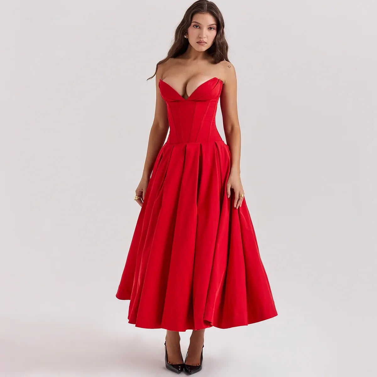 Elegant Black Strapless Corset Midi Dress for Women - Sexy Wedding, Christmas Party & Formal Events - 2023 Fashion Clothing for Special Occasions & Evening Gatherings