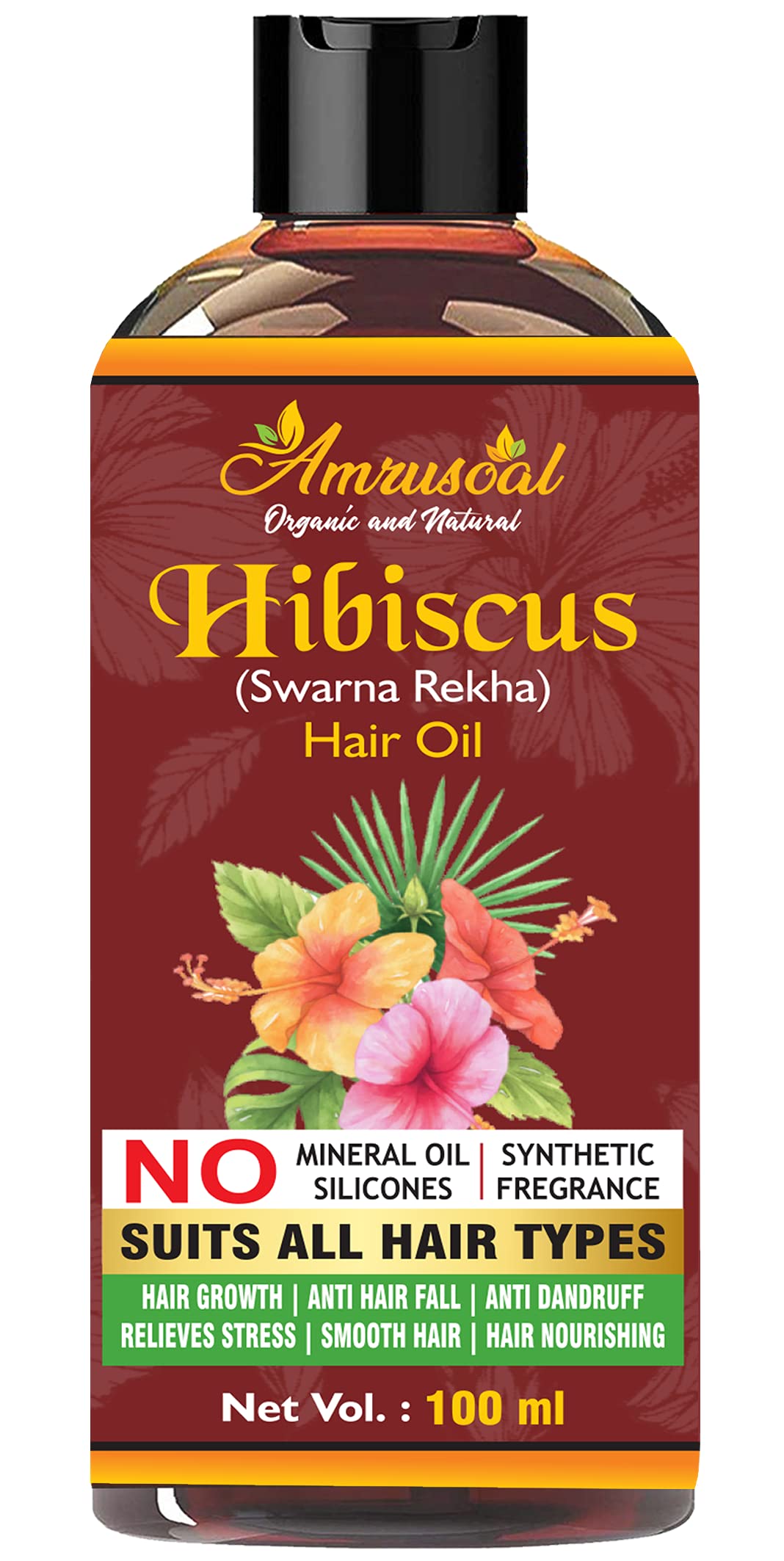 AMRUSOAL Hibiscus Hair Growth Oil for Men & Women - 100ml | Natural Hair Loss Treatment with 13 Essential Oils | Controls Hair Fall & Dandruff | Perfect for Daily Scalp Massage & Damaged Hair Repair
