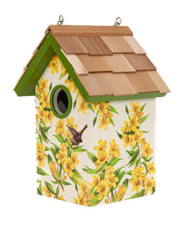 Yellow Jessamine Cottage Bird House - Handcrafted Wooden Birdhouse for Garden & Outdoor Decor - Attract Birds to Your Backyard