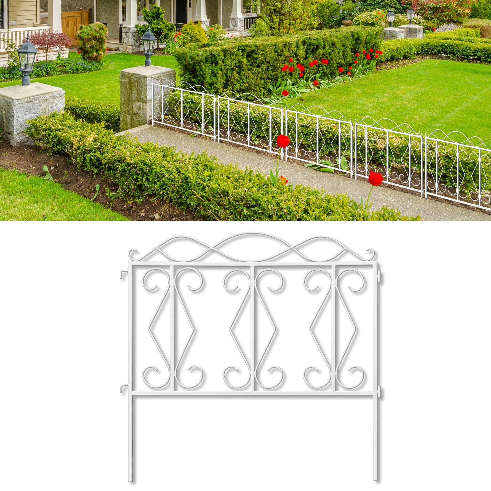 AMAGABELI GARDEN & HOME 5-Panel No Dig Metal Fence - 24 Inch Tall x 10 Ft Long Decorative Garden Border for Dogs, Pets & Animal Barrier - Weather-Resistant White Outdoor Fencing for Yard, Lawn & Garden Protection