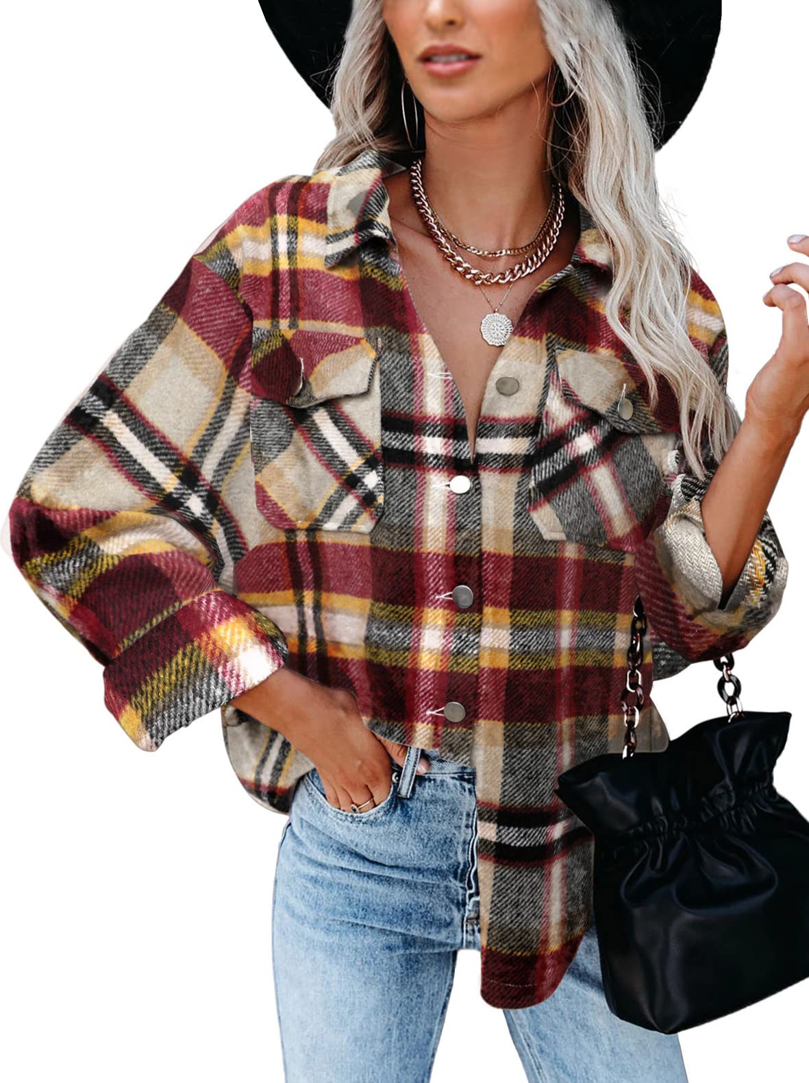 BTFBM Women's Plaid Jacket - Long Sleeve Button Down Flannel Shacket Shirt for Casual Wear, Loose Fit Blouse Top for Fall & Spring 2025 | Perfect for Outdoor Activities, Layering and Office Wear