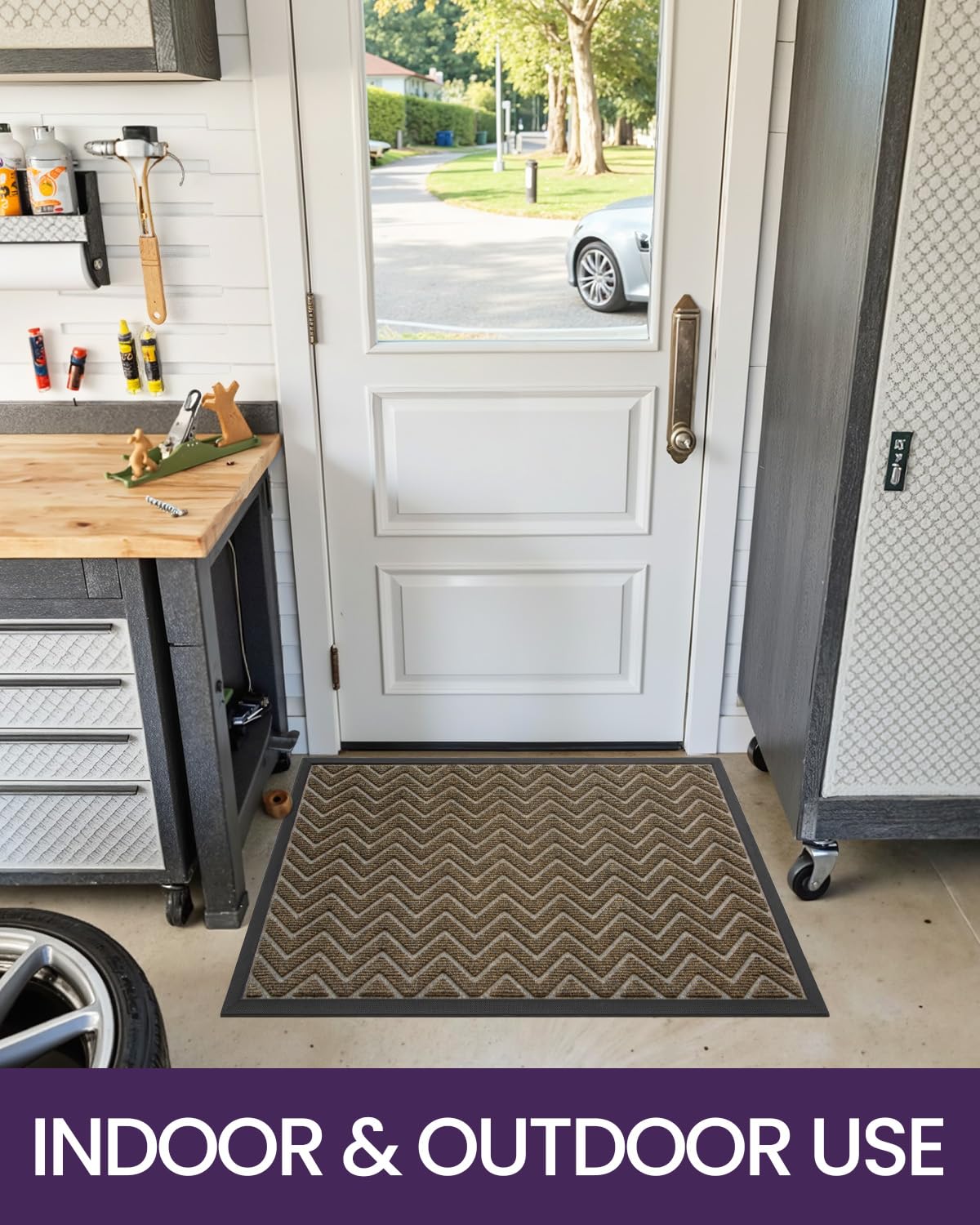 DEXI Heavy Duty Rubber Backed Doormat for Front Door - 4x2 Feet, Stain & Fade Resistant, Low-Profile Easy Clean Entryway Floor Mat in Chevron Dark Brown - Perfect for Outdoor/Indoor Use at Home, Office, or Apartment Entrance