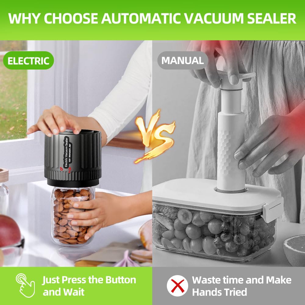 Electric Vacuum Sealer for Mason Jars - Food Preservation System with LED Indicator for Canning, Fermentation & Long-Term Storage | Wide & Regular Mouth Lids Compatible | Perfect for Meal Prep, Sous Vide & Pantry Organization (Model A001)