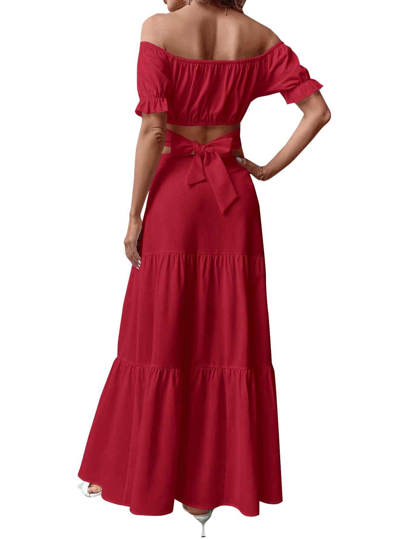 KIFOVEN Women's 2-Piece Summer Outfit Set - Off Shoulder Short Sleeve Wrap Tie Crop Top & Ruffle Maxi Skirt | Beachwear, Vacation, Date Night, Casual Wear