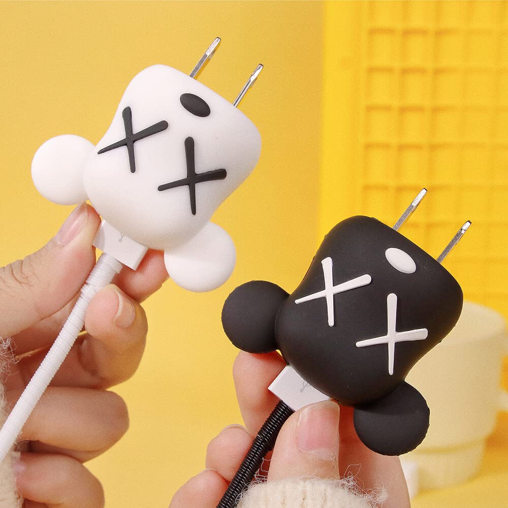 Cute Cartoon Soft Silicone Charger Cover for iPhone - 5W Charger Protector & Cord Case (Compatible with iPhone X/XS/XR/XS Max/7/8/7 Plus/8 Plus/6/6S/6 Plus/6S Plus/SE/5) - 4-in-1 Mini Set for Home, Office, Travel & Car Charging Protection