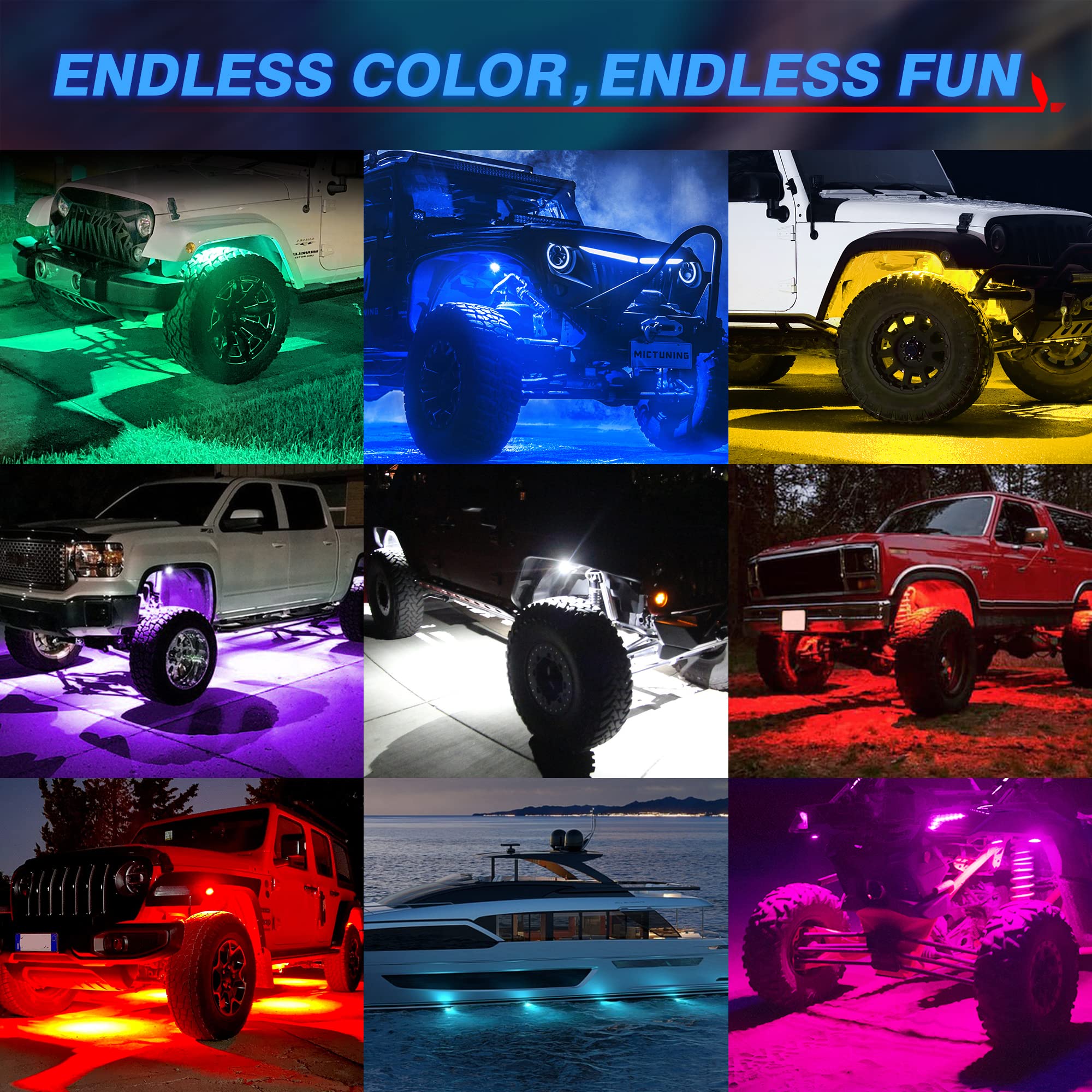 MICTUNING Q1 RGBW LED Rock Lights - 8 Pods Underglow Multicolor Neon Light Kit with Bluetooth App & Remote Control, Wiring Switch, Music Sync Mode - Perfect for Truck, ATV, UTV, RZR Off-Road Lighting & Custom Vehicle Styling