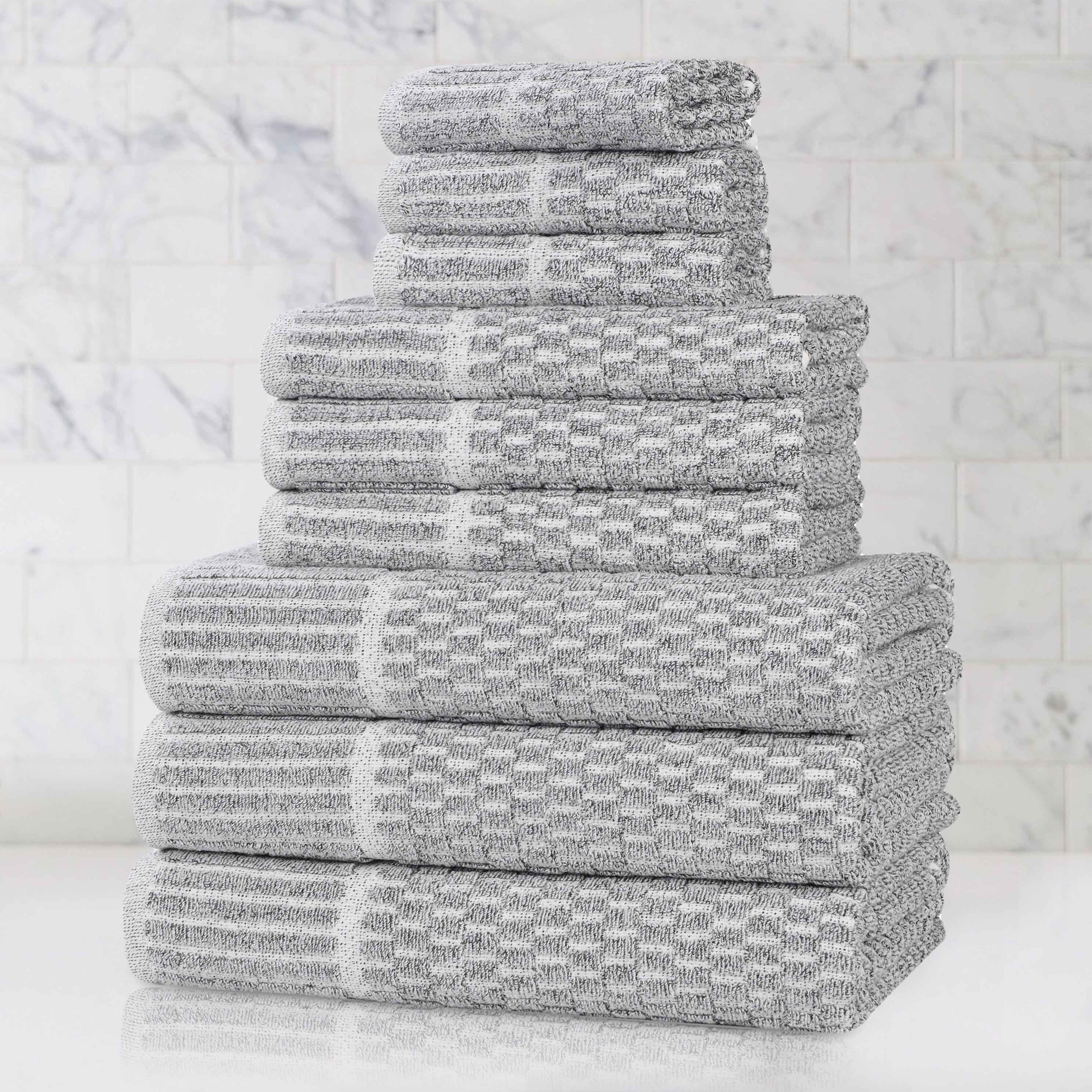 Premium 9-Piece Cotton Blend Checkered Border Towel Set - Medium Weight, Soft & Absorbent for Bathroom, Spa, and Guest Use