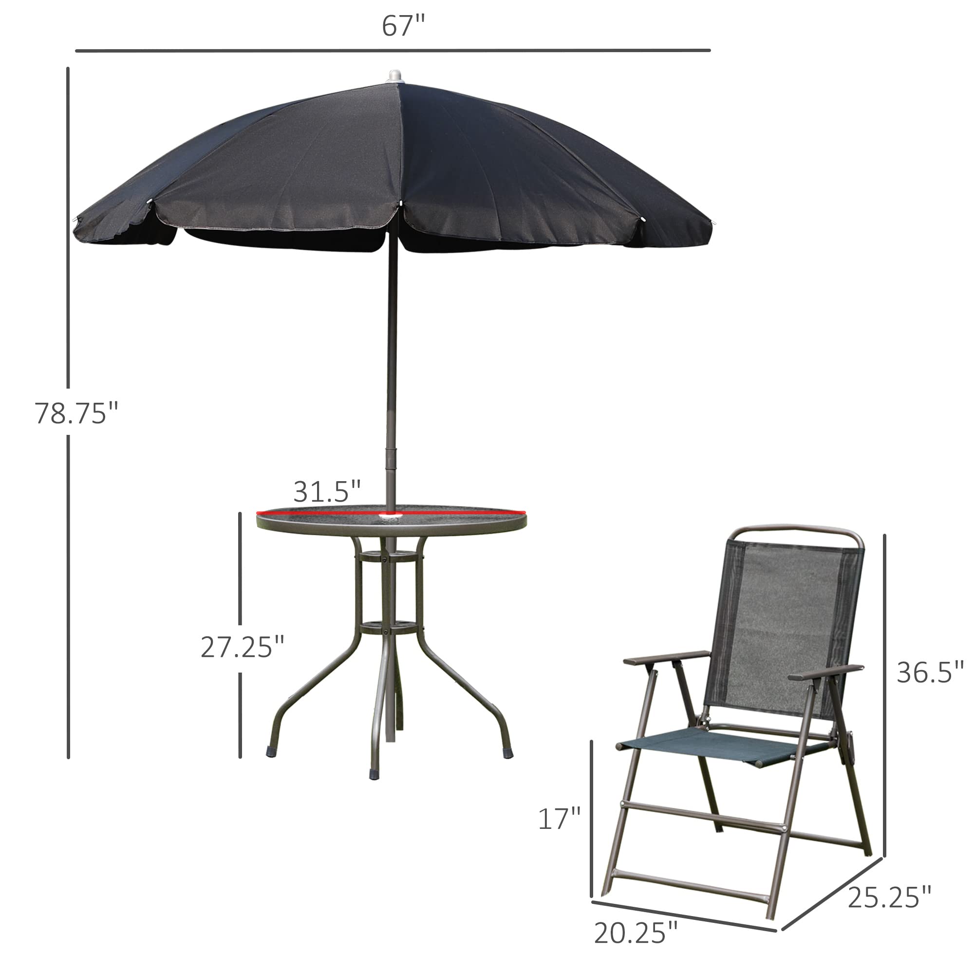 Outsunny 6-Piece Black Patio Dining Set with Umbrella - Round Glass Table & 4 Folding Chairs for Outdoor, Garden, Backyard, Poolside - Perfect for BBQs, Parties & Relaxing in the Sun