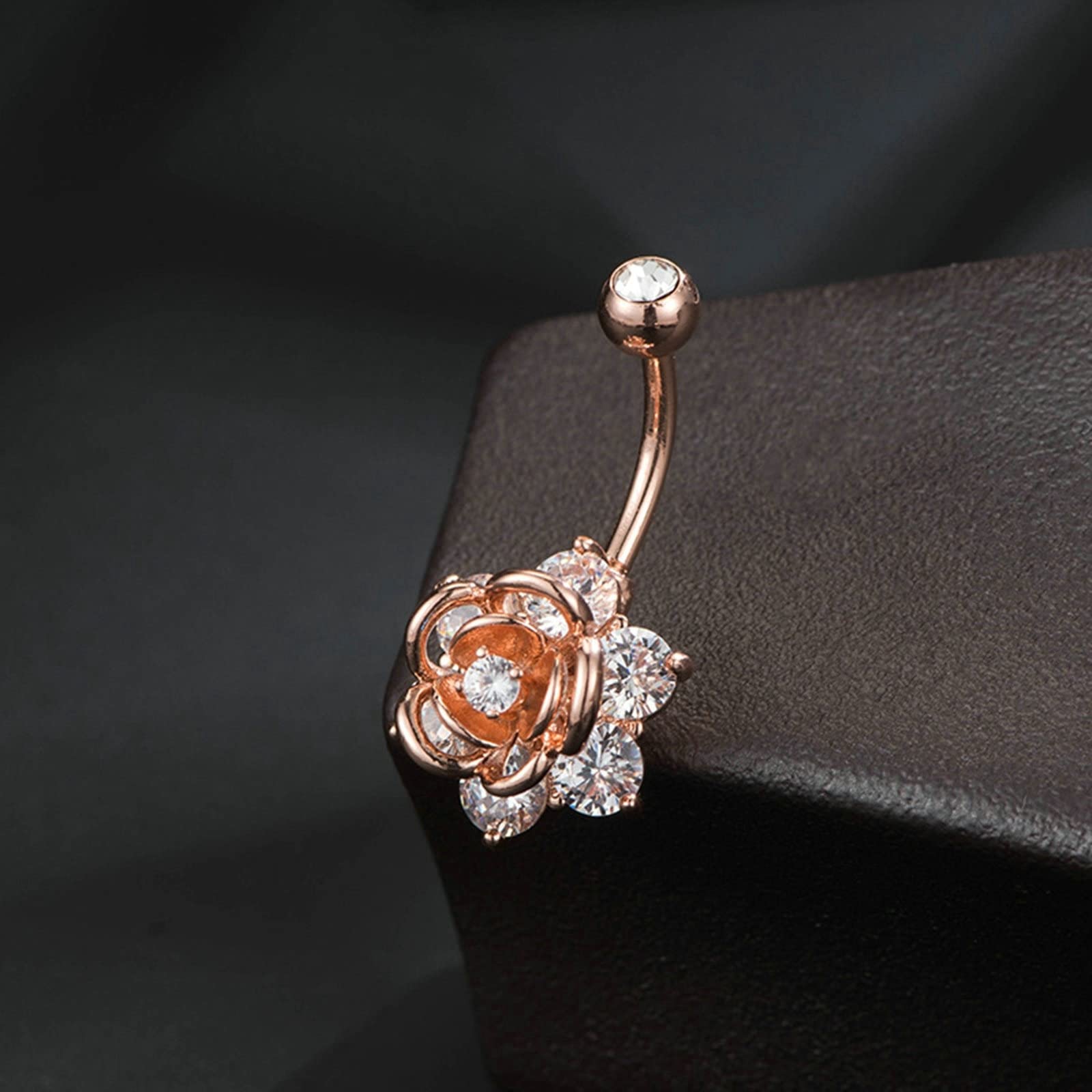 Rose Gold 14G Belly Button Ring for Women - White Cubic Zirconia Flower Design Body Jewelry - Perfect for Beach Parties, Summer Vacations & Casual Outfits