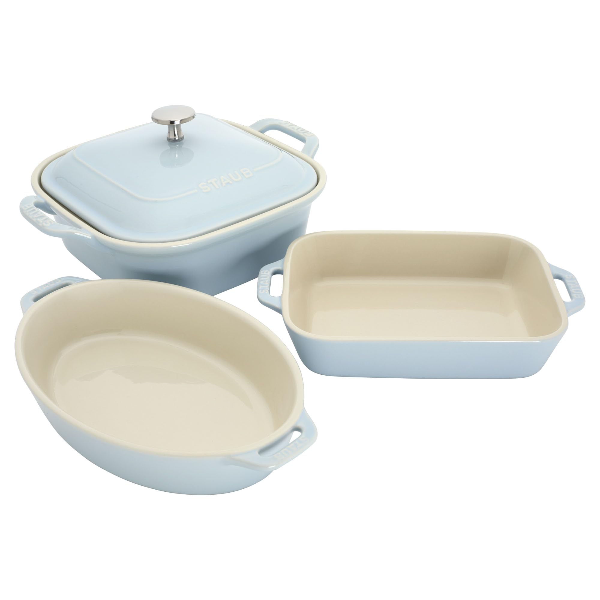 Staub Ceramic 4-Piece Baking Set - Casserole Dish with Lid & Brownie Pan, Light Blue | Oven Safe for Casseroles, Brownies, Roasting & More