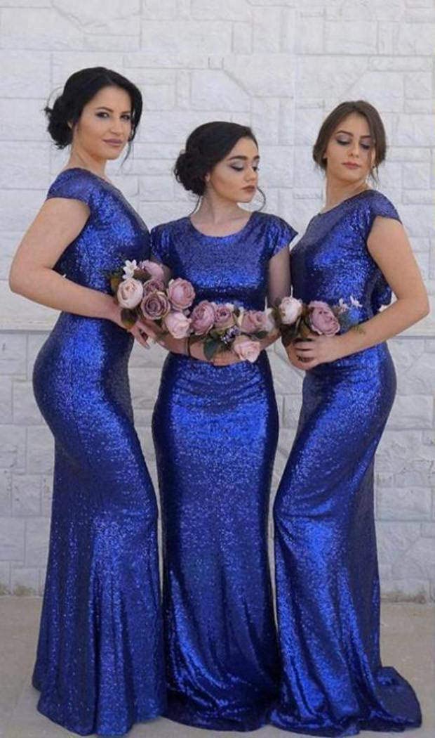 Royal Blue Sequin Mermaid Bridesmaid Dresses for Women - Short Sleeve Formal Gowns for Weddings, Prom & Evening Parties