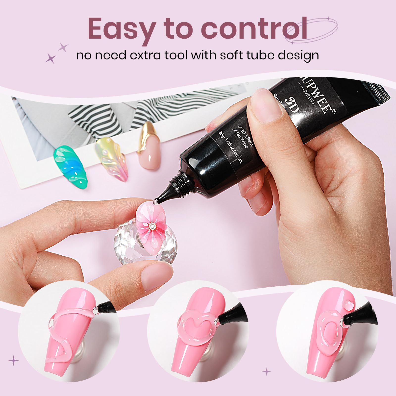 3D Clear Nail Sculpting Gel - 30g No Wipe Molding Gel for Nail Art, Rhinestone & Charm Decoration | Perfect for DIY Nail Designs, Salon Manicures & Professional Nail Extensions