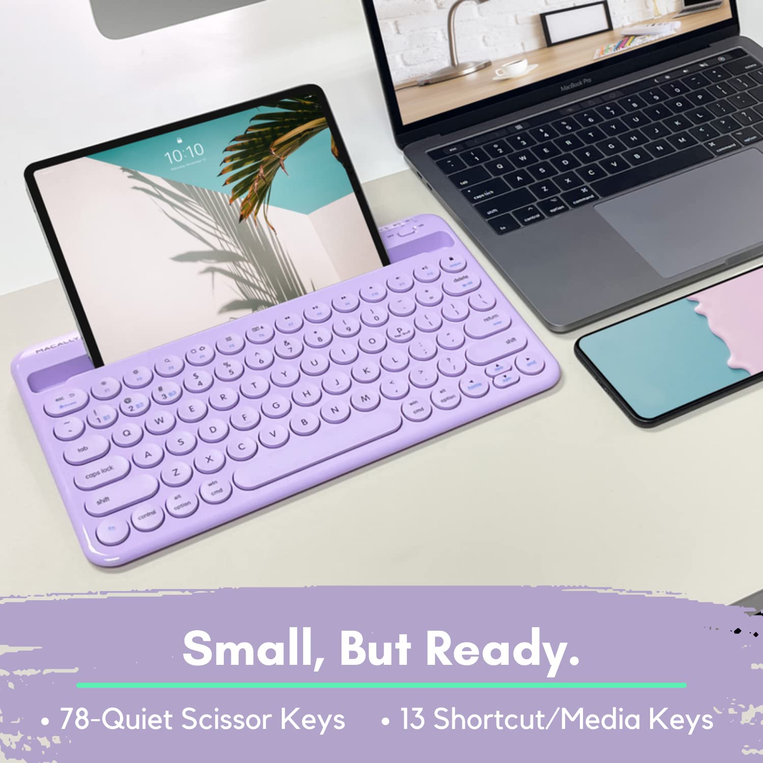 Macally Small Wireless Bluetooth Keyboard for iPad Mini/Air/Pro, iPhone, Tablet - 78-Key Compact Keyboard with Built-in Stand | Universal Multi-Device Compatibility | Purple | Perfect for Home Office, Travel & On-the-Go Typing
