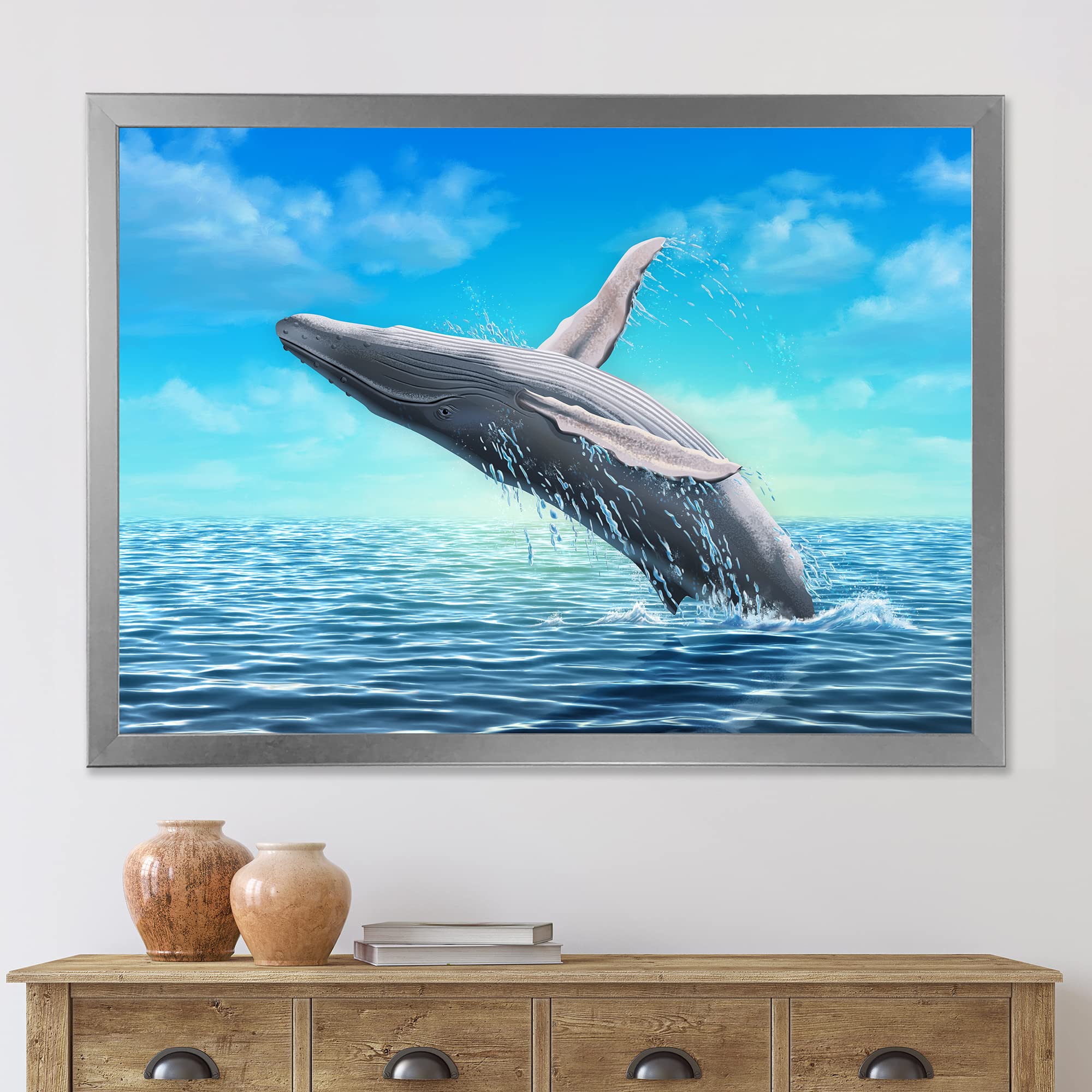 DesignQ Humpback Whale Jumping Framed Wall Art - Coastal Farmhouse Decor for Living Room, Bedroom & Office - Ocean Themed Home Decor