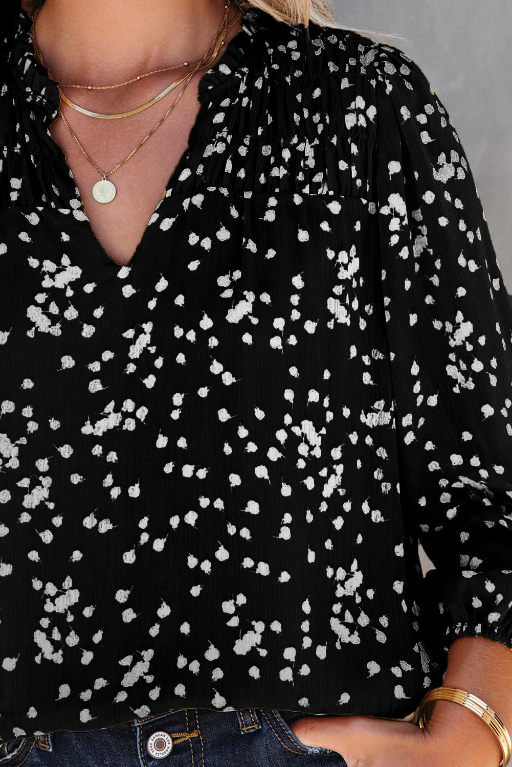 Stylish V Neck Printed Crinkled Long Sleeve Blouse for Women - Trendy Casual & Office Wear