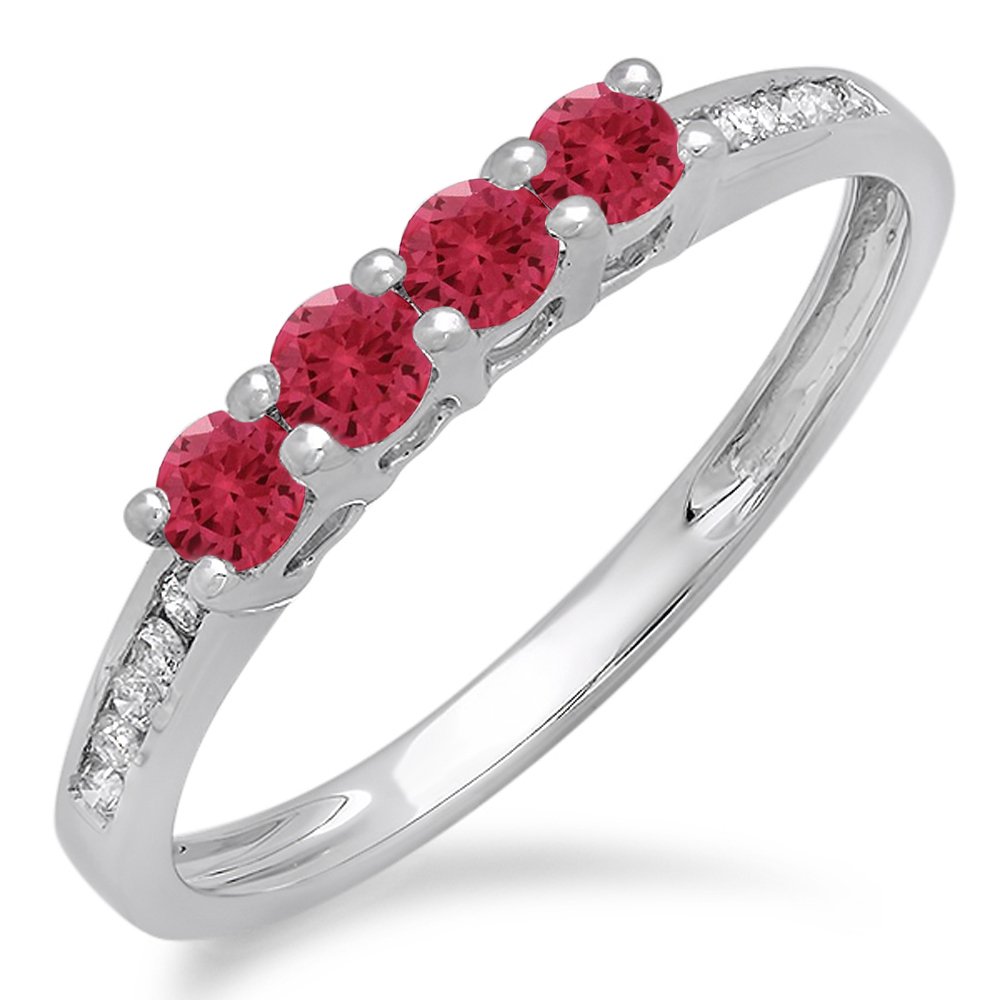 14K Solid Gold Round Ruby & White Diamond Women's Wedding Band - Stackable Ring for Bridal, Engagement, Anniversary & Everyday Elegance