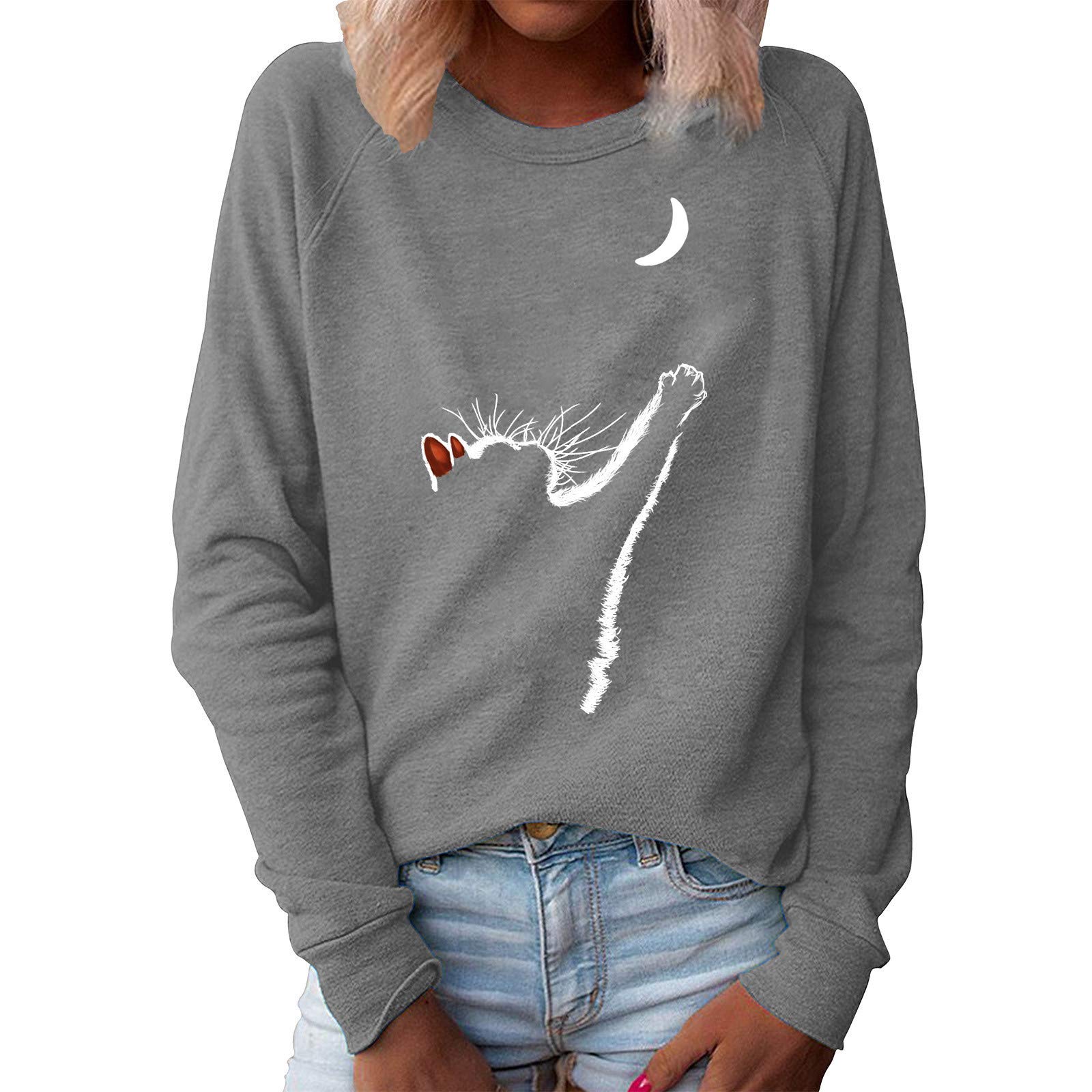 Women's Long Sleeve Graphic Tee Shirt - Cute Cat Print Loose Fit Casual Blouse, O-Neck Sweater Top for Everyday Wear | Perfect for Work, Dates & Weekend Outfits
