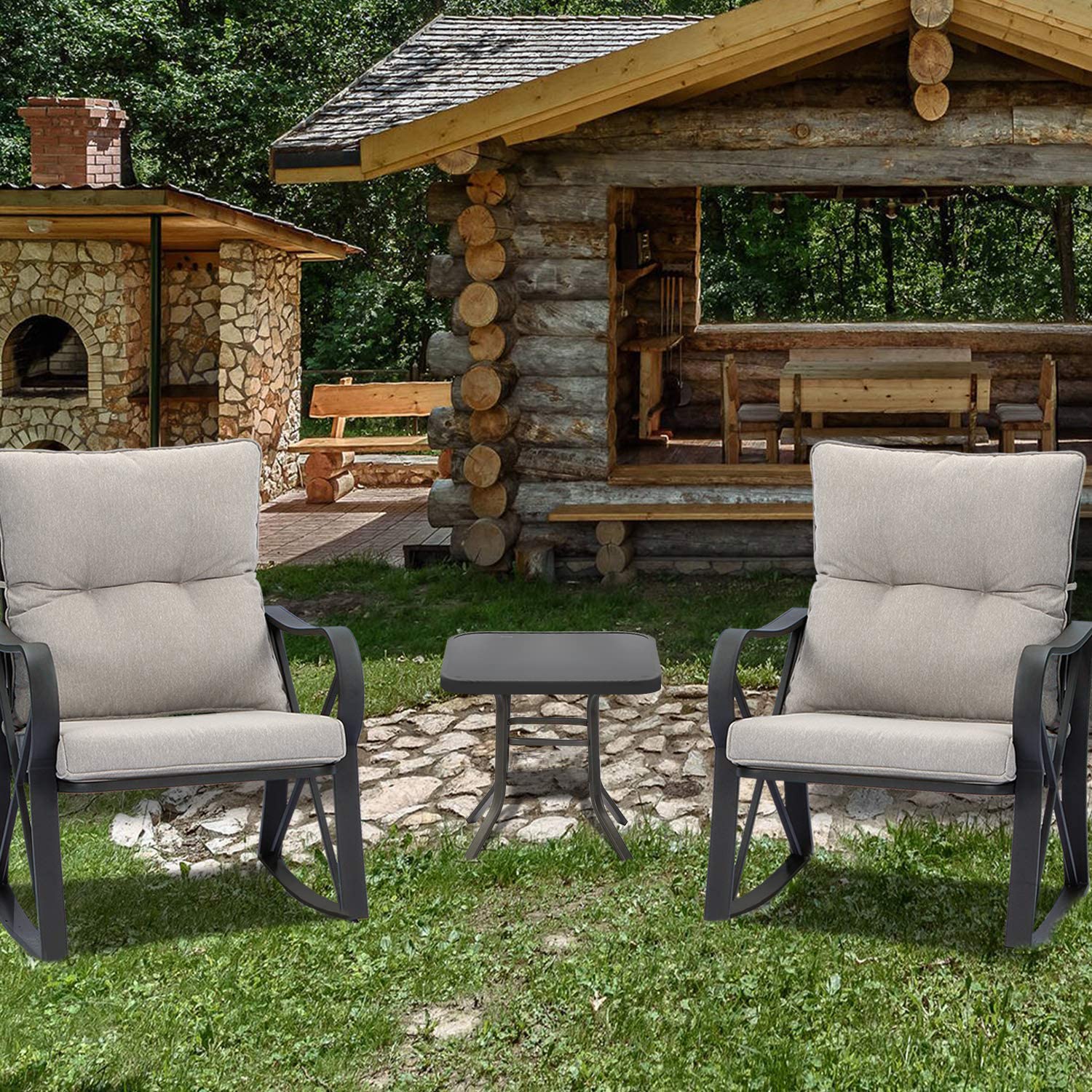 **SUNBURY Outdoor 3-Piece Rocking Bistro Set - Modern Patio Furniture with Warm Gray Cushions & Glass Coffee Table - Small Rocker Conversation Set for Garden, Backyard, Porch, or Balcony - Perfect for Relaxing, Entertaining, and Enjoying Outdoor Moments**