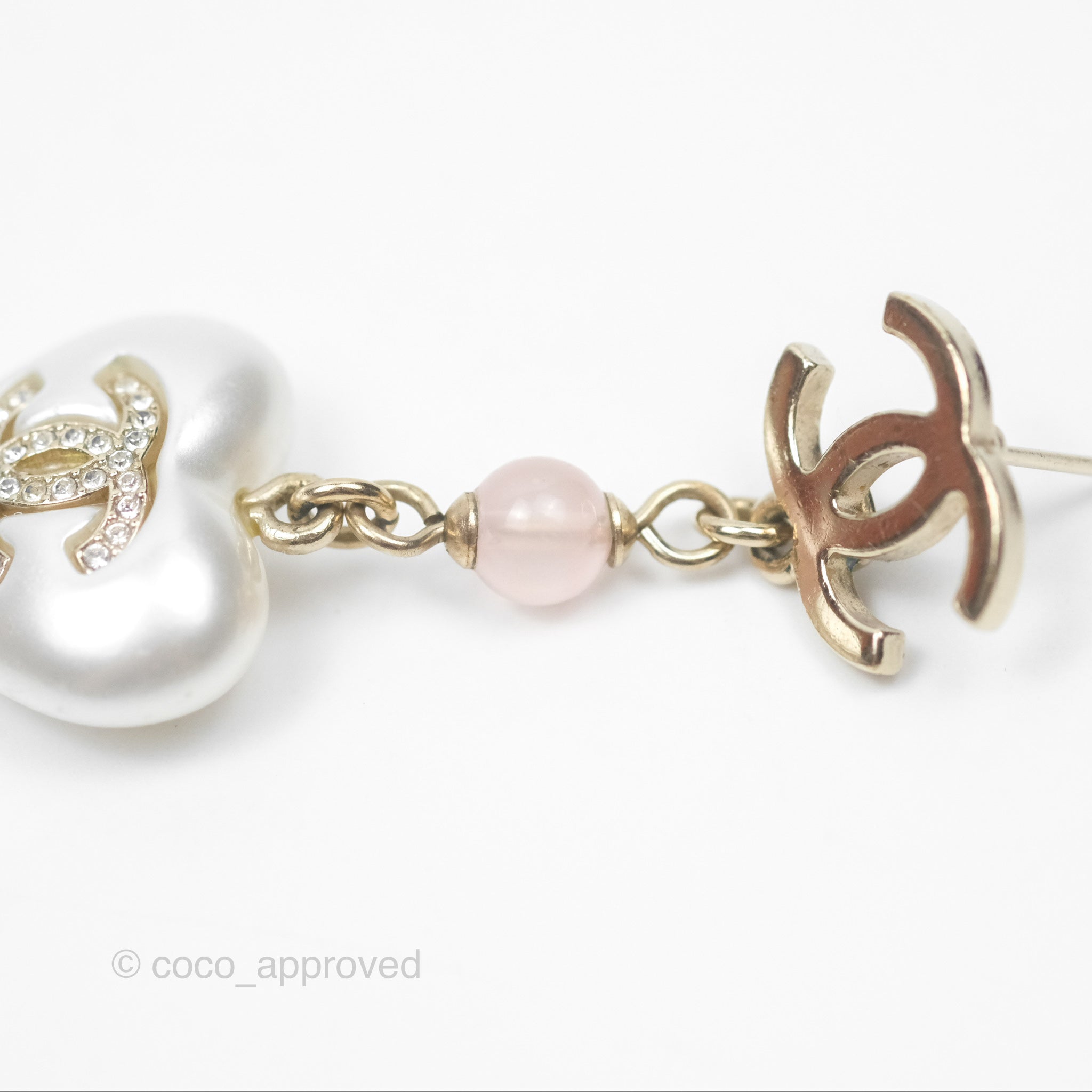 Chanel CC Pink Bead Heart Pearl Crystal Drop Earrings - Gold Tone 21B | Luxury Fashion Jewelry for Women, Perfect for Parties, Weddings & Special Occasions