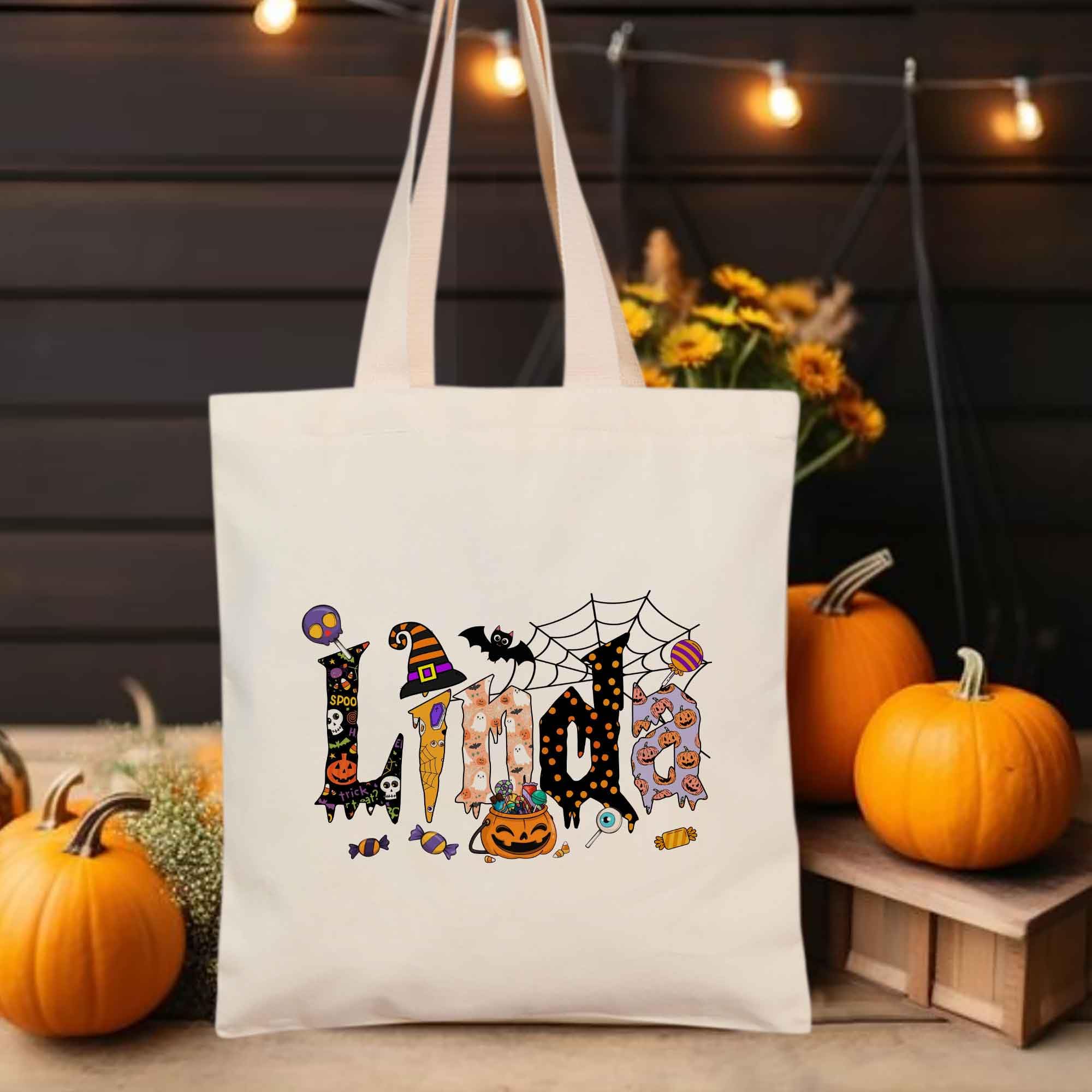 Custom Halloween Trick or Treat Bags with Names - 3 Font Styles 15x16 Inch Personalized Tote Bags for Women & Kids, Witch-Themed Halloween Party Favors, Trick-or-Treating, Costume Accessories & Spooky Decorations