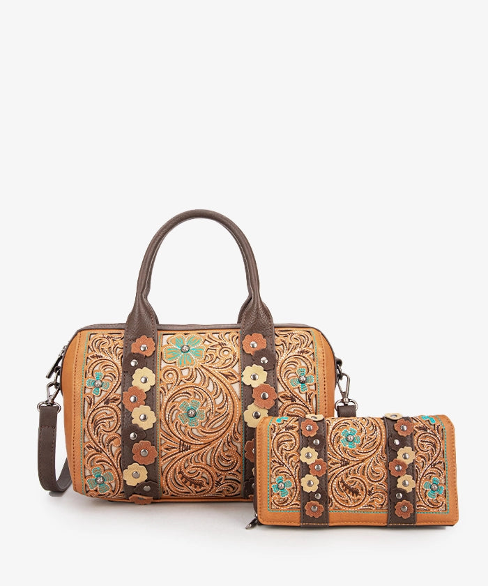 Montana West Embroidered Floral Cut Out Boston Bag Set - Stylish Leather Shoulder Purse for Women, Perfect for Work, Travel & Everyday Use