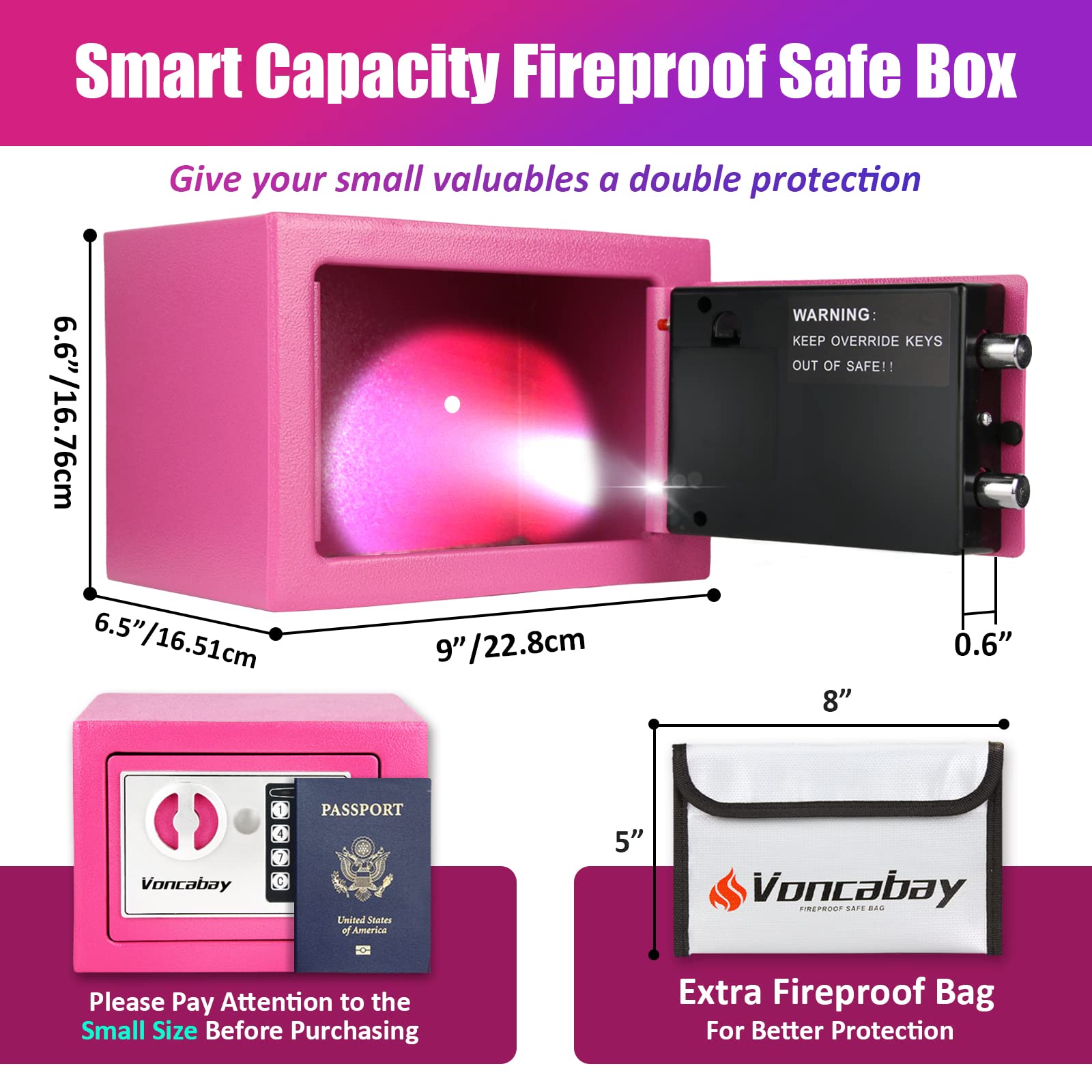 Voncabay Fireproof Money Safe Box with Digital Keypad & Sensor Light - Home Security Safe for Cash, Jewelry & Valuables - Portable Lock Box with Keys & Passcode - Ideal for Bedroom, Office & Travel (Pink)