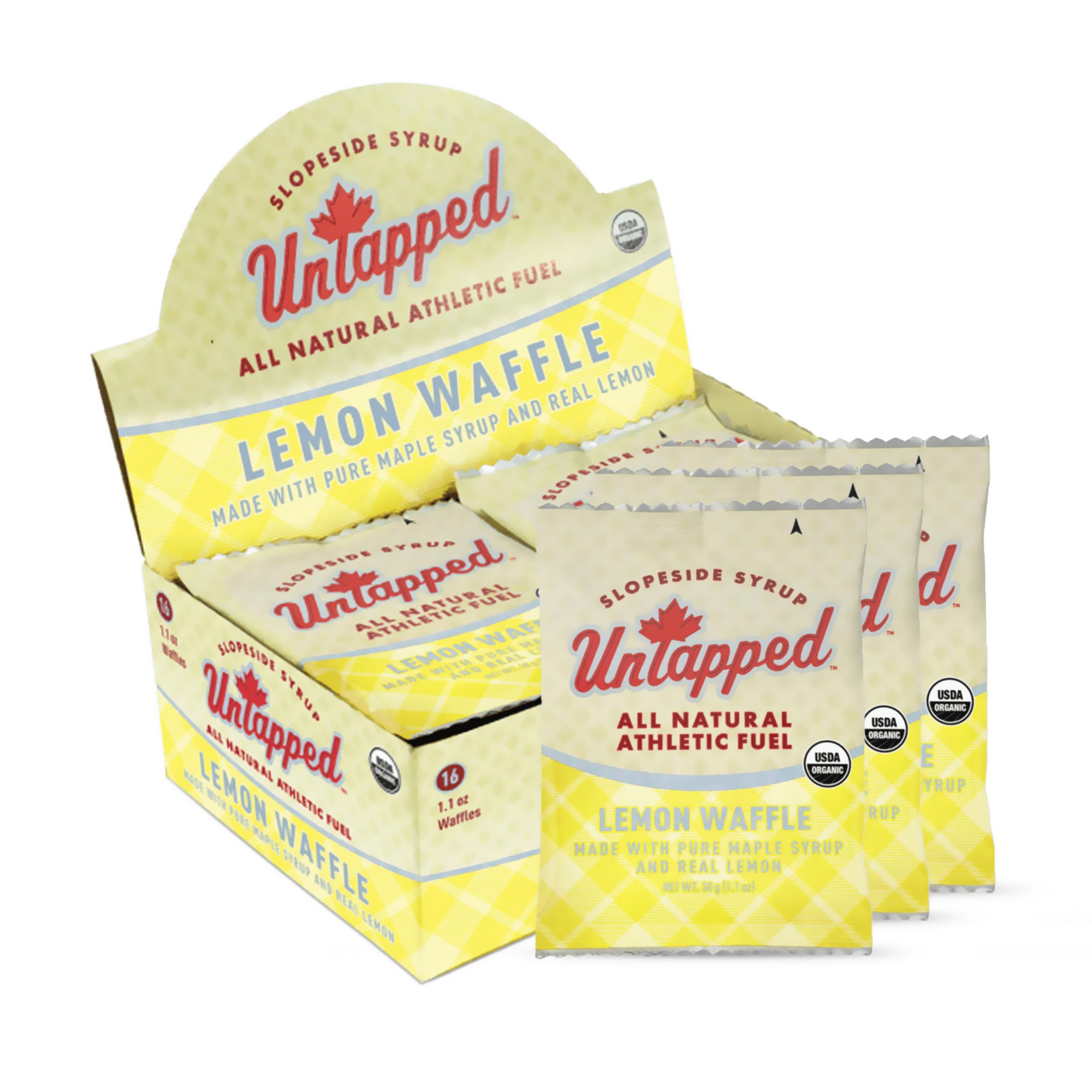 Organic Lemon Waffles by UnTapped - 1.1 oz Each, Pack of 16 | Vegan Maple Syrup Sweetened Sports Snacks with Real Lemons | Perfect for Cycling, Running & Hiking Energy Boost