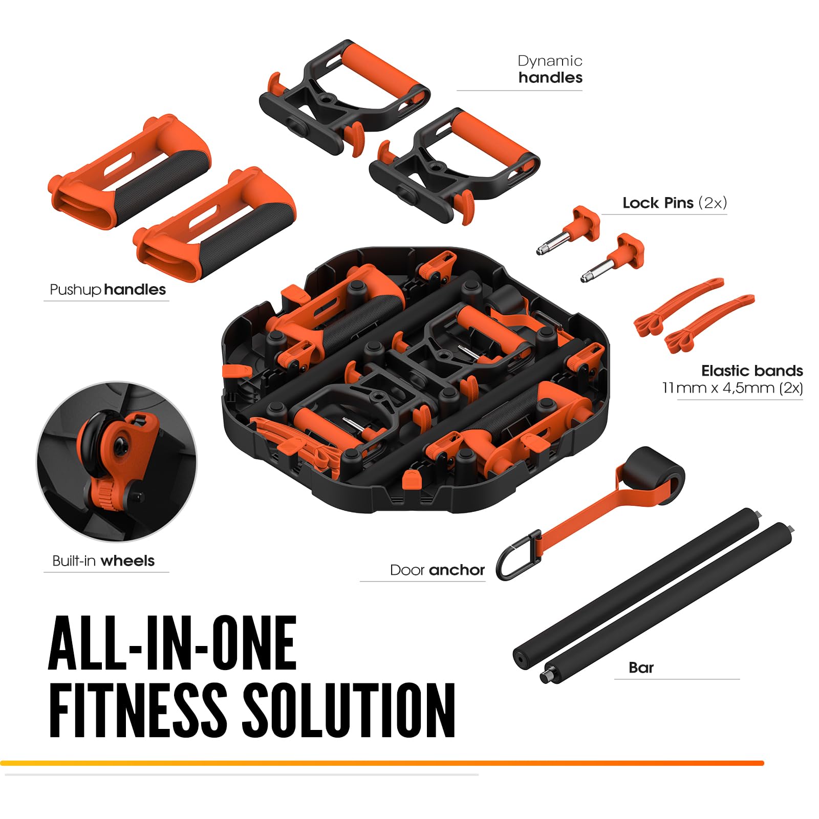 Push Up Board with Resistance Bands & Pilates Bar - 4 Wheel Ab Roller & Push Up Handles for Home Gym - Full Body Workout Equipment for Strength Training, Core Exercises & Fitness Routines (Ideal for Home Workouts, Gym Training & Pilates Sessions)