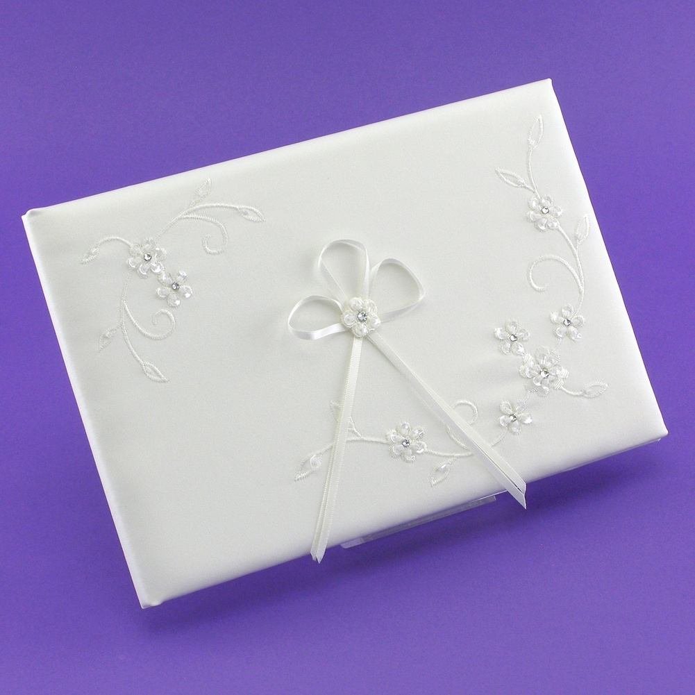 DivaDesigns Floral Embroidery Crystal Wedding Guest Book - Elegant White Keepsake for Bridal Showers, Receptions & Anniversary Celebrations